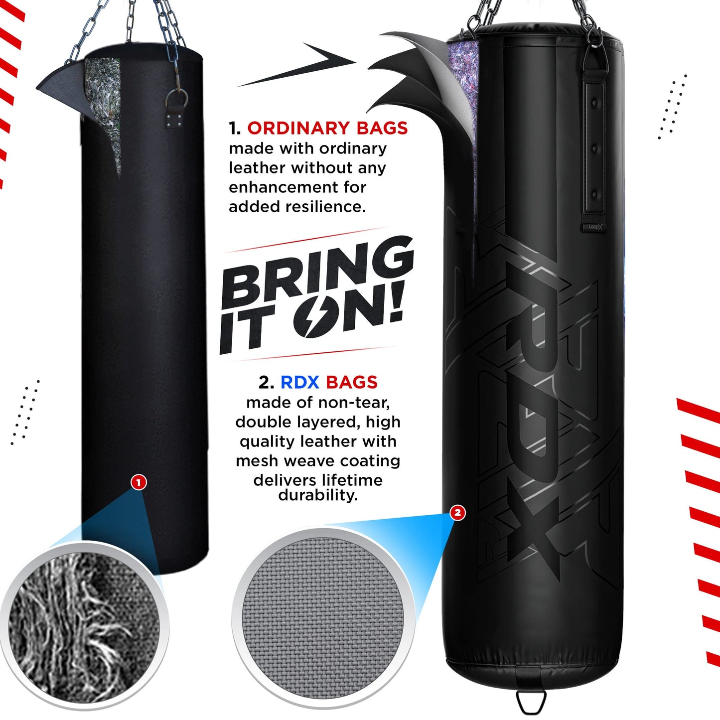 - RDX Punch Bag | Anti Swing | 5ft Heavy Filled 3PC Set -