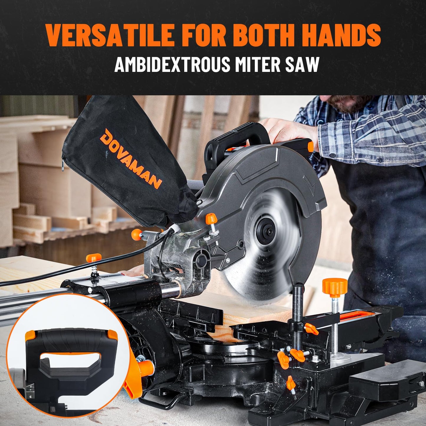 - DOVAMAN 340mm Sliding Mitre Saw | 255mm Multi-Material Cutting w/ 3 x TCT Blades | Dual-Handed Operation | 45° Bevel Cutting w/Laser | 5000/3200RPM | 2000W Power Mitre Saw -