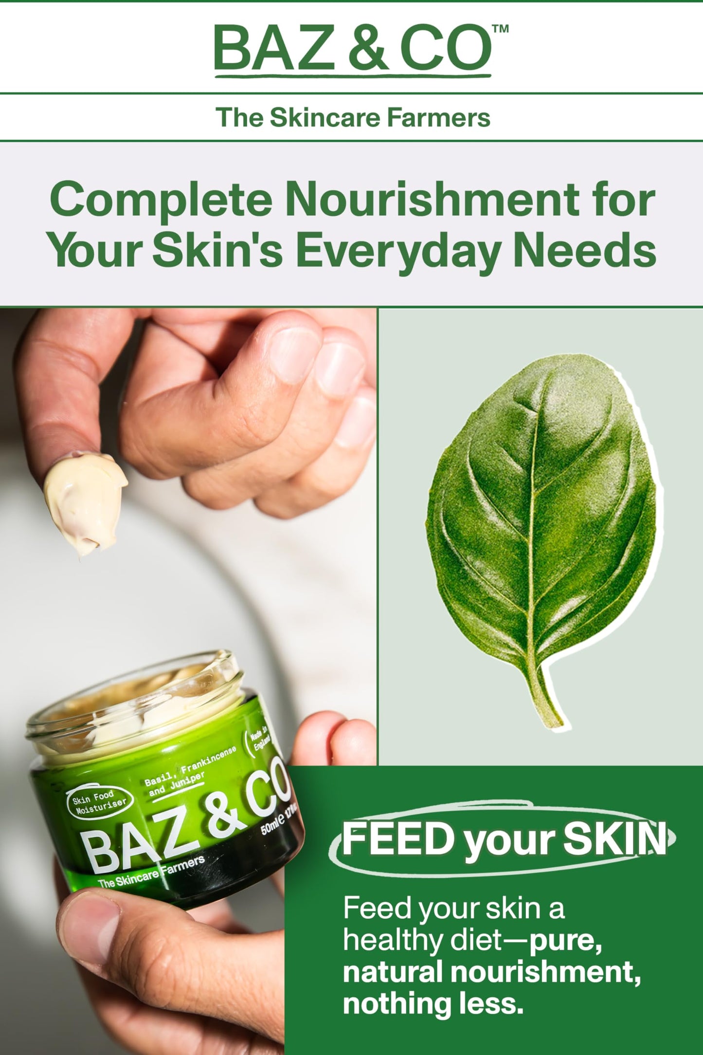 BAZ & CO Skin Food Moisturiser Face Cream for Men 50ml with Basil, Frankincense and Juniper