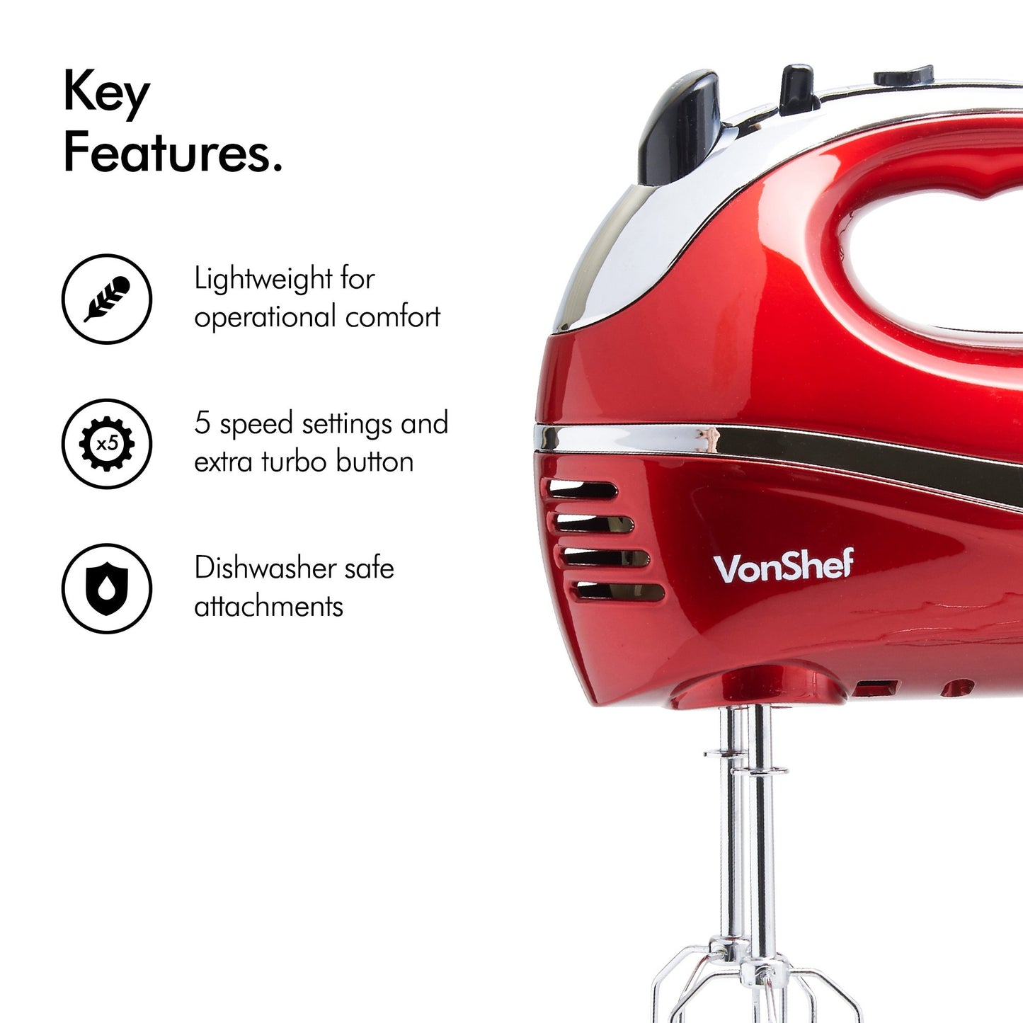 - VonShef Hand Mixer Electric Whisk – Food Mixer for Baking with 5 Speeds, 300W