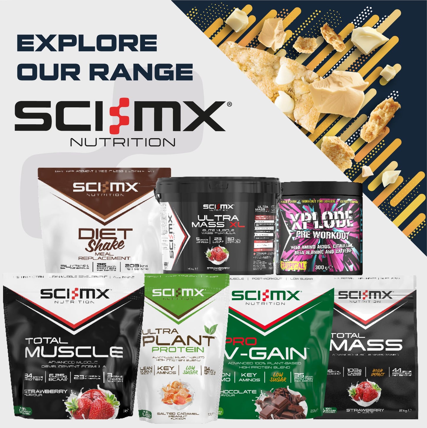 - SCI-MX High Protein White Choc Chip Blondie Box | 20g protein, 2g sugar + 259 calories per blondie | Pack of 12 x 65 g -