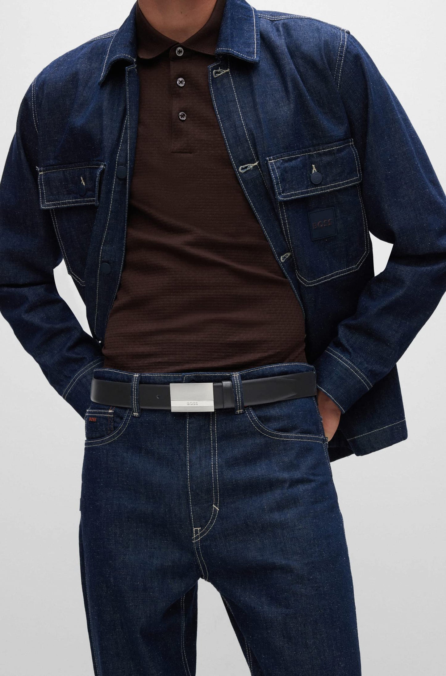 BOSS Mens Baxton Sz35 Italian-leather belt with logo-plaque buckle