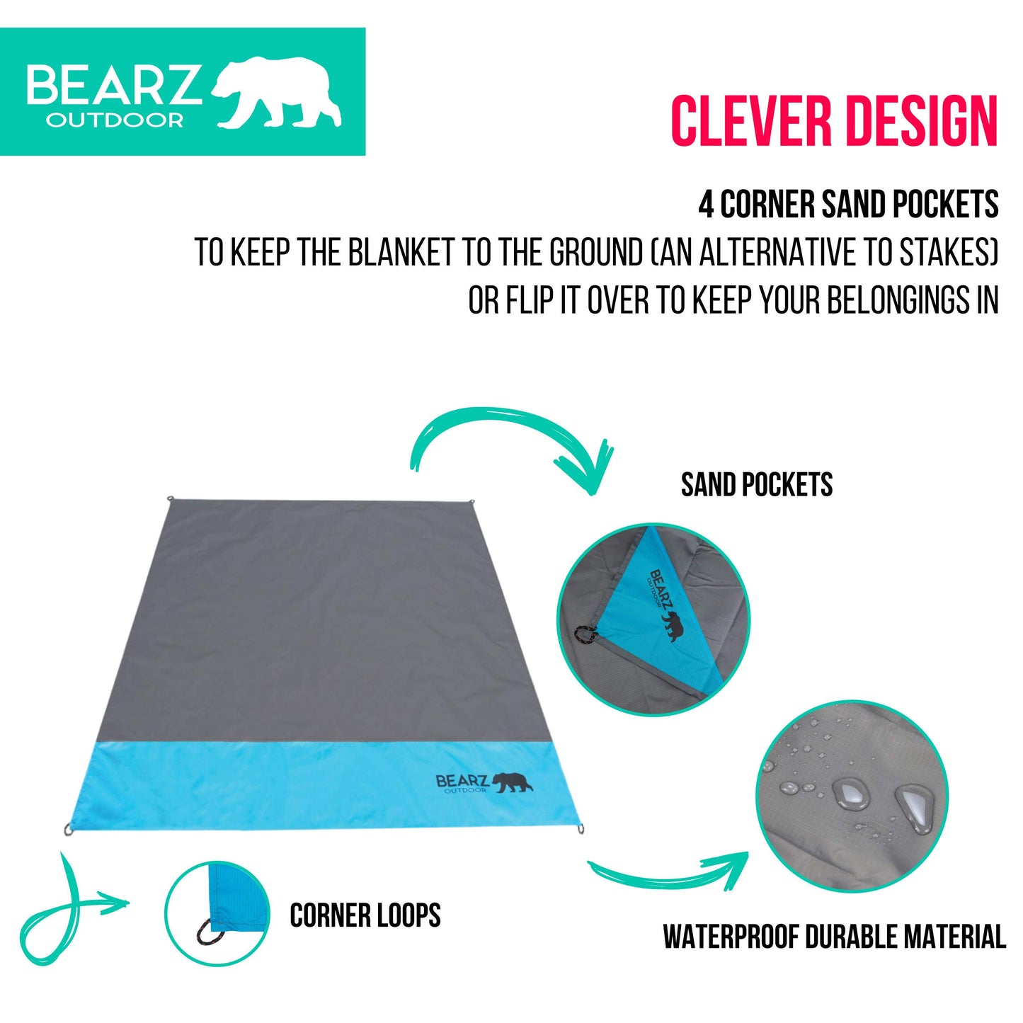 BEARZ Outdoor Travel Blanket - Pocket Sized Beach Blanket Camping Blanket, Waterproof Picnic Blanket, Sandproof Beach Mat - Camping Gadgets & Festival Hiking Accessories (Blue)