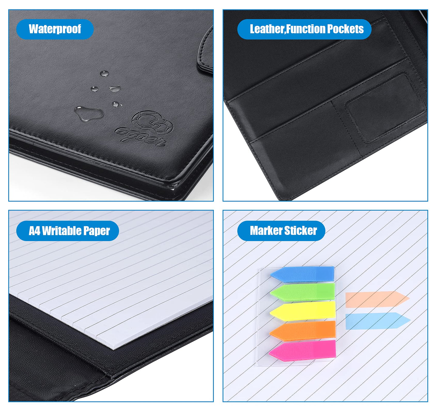 Clipboard Folder DIN A4, Leather Document Case Clip Board with Magnetic Closure Cover, for Work Writing Conference Folder Legal Pad with A4 Paper &Sticky Arrow Tabs &Pen, Black