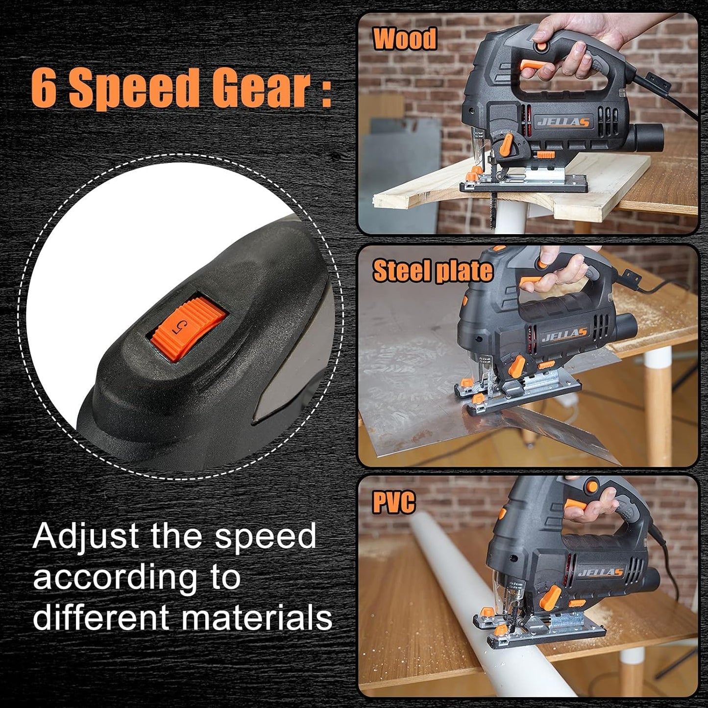 - Jig Saw | Jellas 800W 3000 SPM Electric Jigsaw tool with 10 Piece T-Shank Blades | LED Light, 6 Variable Speed | 4 Orbital Sets | 0°-45° Bevel Cutting -