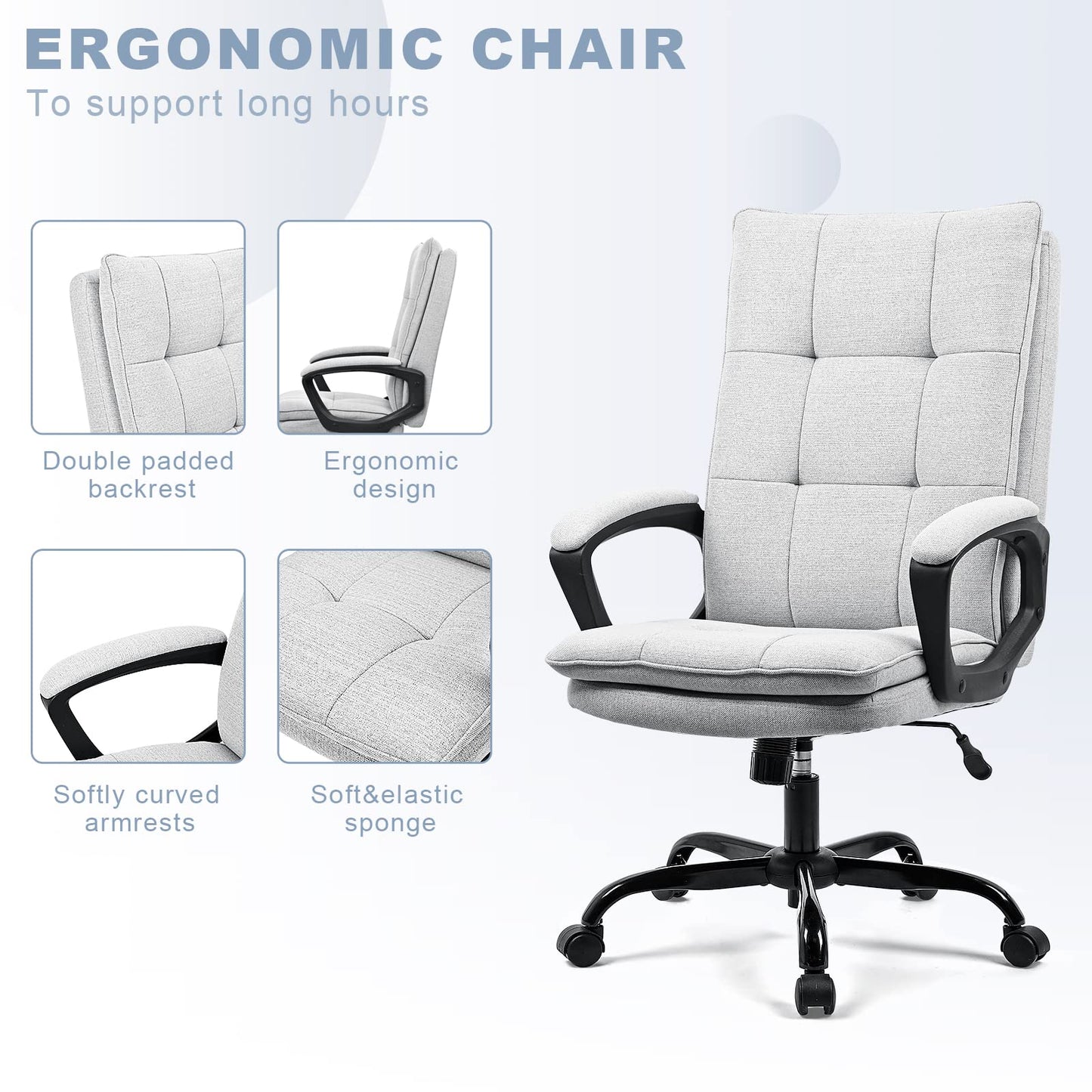 BASETBL Office Chair for Home, Recline Extra Padded Comfy Desk Chair, Ergonomic Executive Computer Chair Skin-friendly Breathable Fabric Stylish Swivel Chair Gaming Work Chair Widen and Enlarge (Gray)