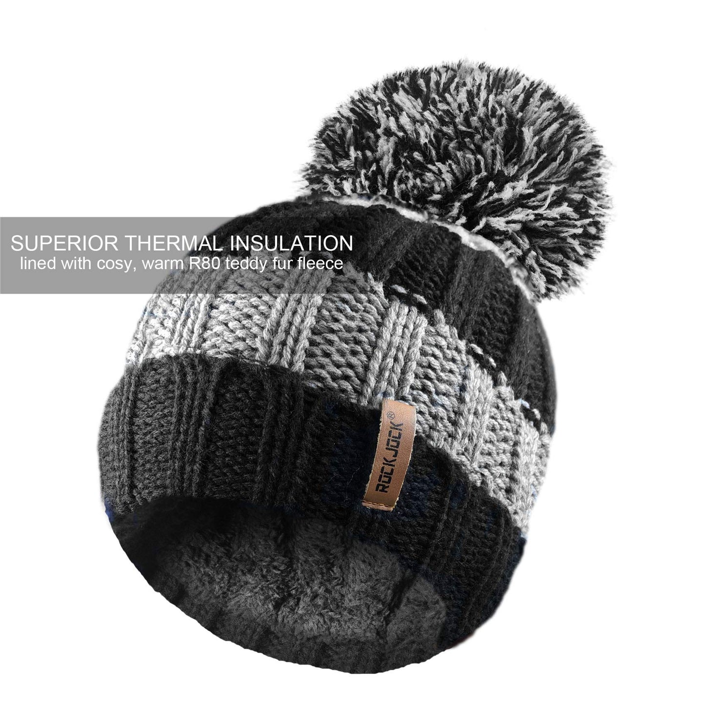 - RockJock R80 Kids | Ribbed Striped Thermal Insulating Bobble Hat -