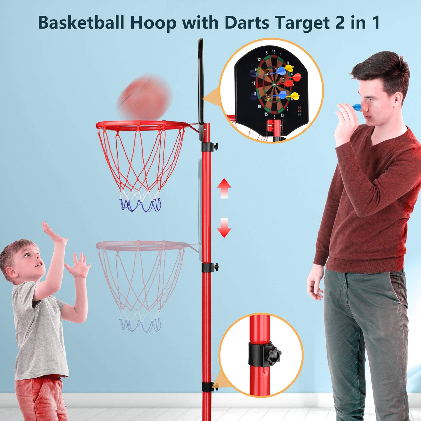 Basketball Hoop, KAMDHENU Kids Toy Basketball Hoop with Darts Target 2 in 1 with Height-Adjustable 3.2ft-6.2ft, Portable Basketball Hoop Indoor and Outdoor Activities for Kids Age 3-8