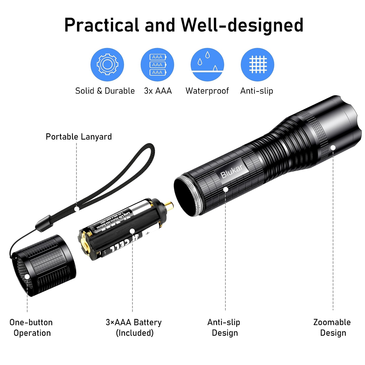 Blukar LED Torch Battery Powered, 2000L Super Bright Adjustable Focus Flashlight, 5 Lighting Modes, IPX6 Waterproof Pocket Size Torch for Power Cuts, Emergency (3 AAA Batteries Included)