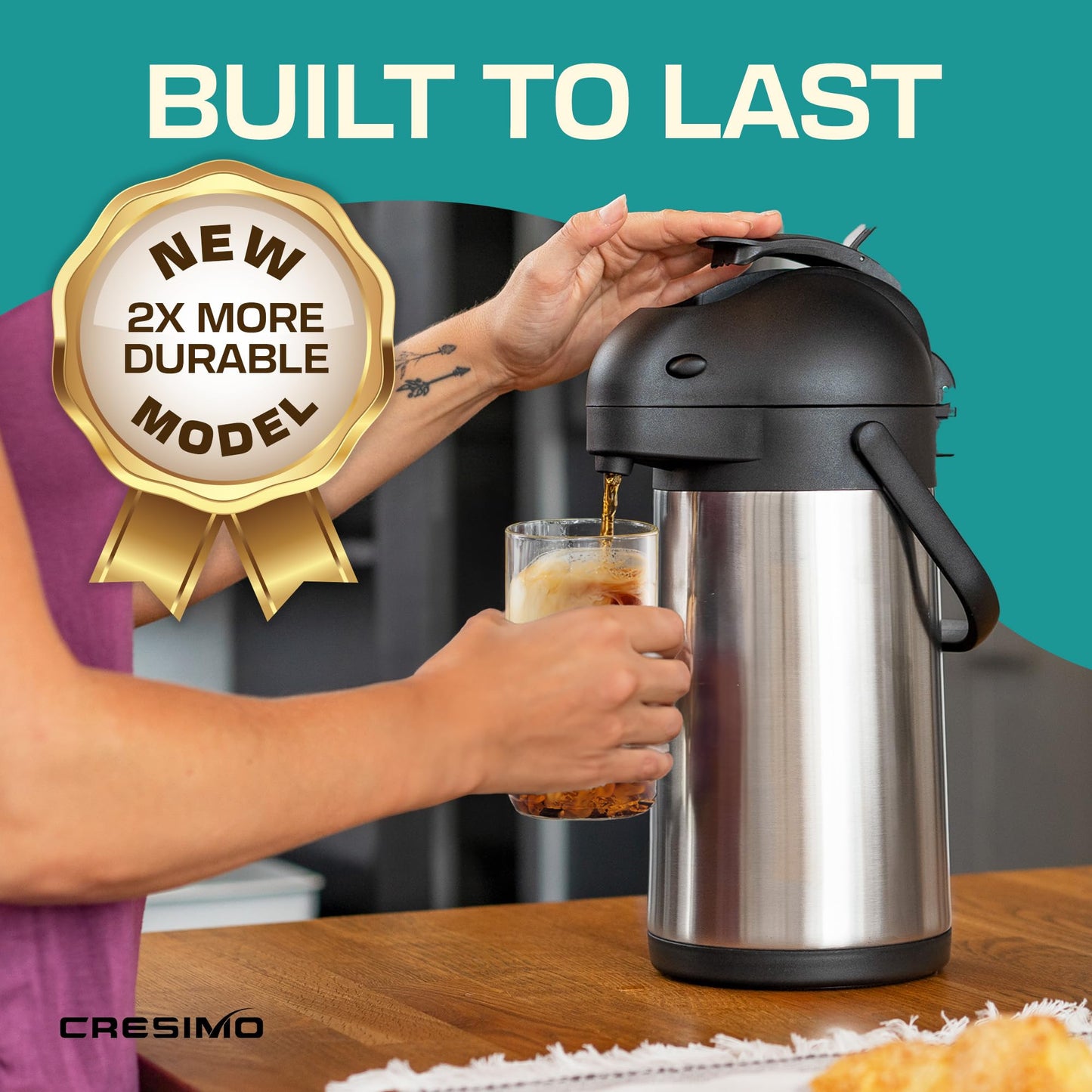 2.2L Coffee Carafe Hot Water Flask | Stainless Steel Pump Tea Flasks for Hot Drinks to Keep Drinks 12 Hours Hot / 24 Hours Cold | Insulated Tea Dispenser, Lab Tested Thermal Teapot - Cresimo