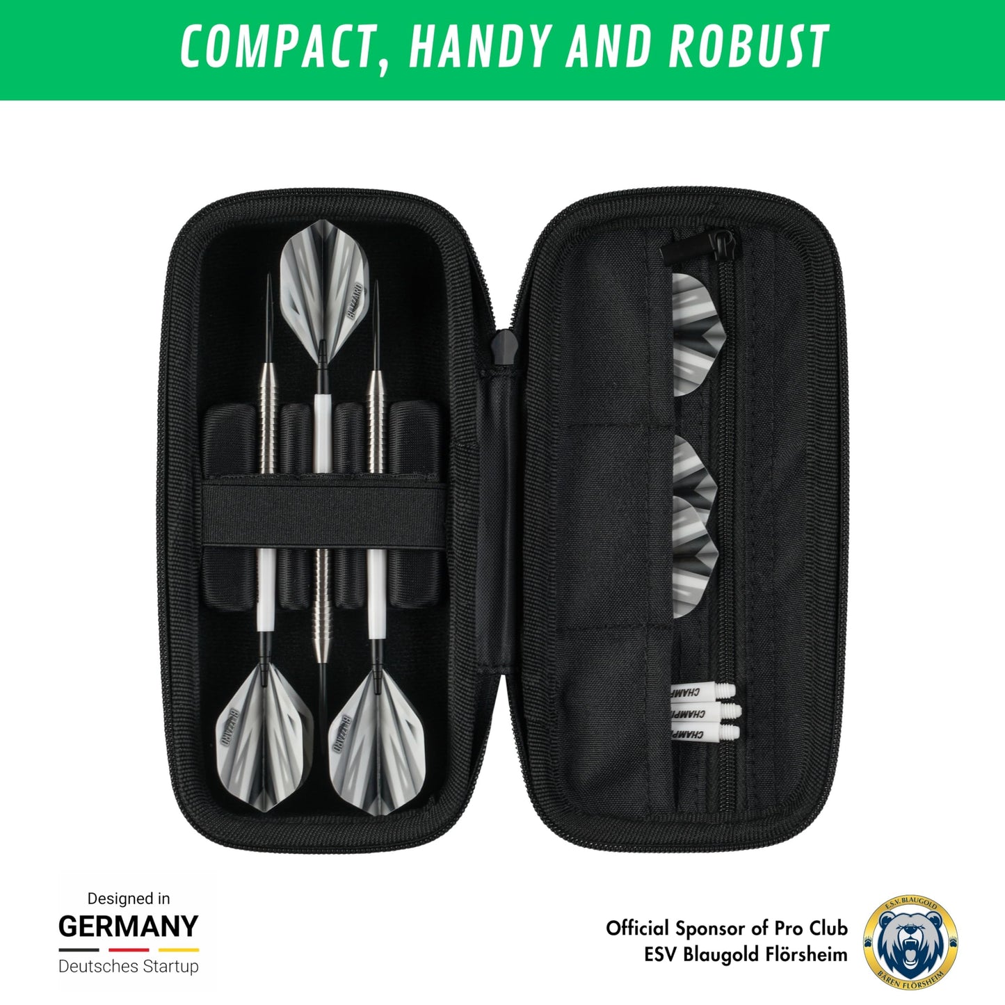 Champify® Black dart case with holder system to prevent the darts from slipping | Hard case for protection for 3 steel darts or soft darts & many pockets for dart flights & other accessories