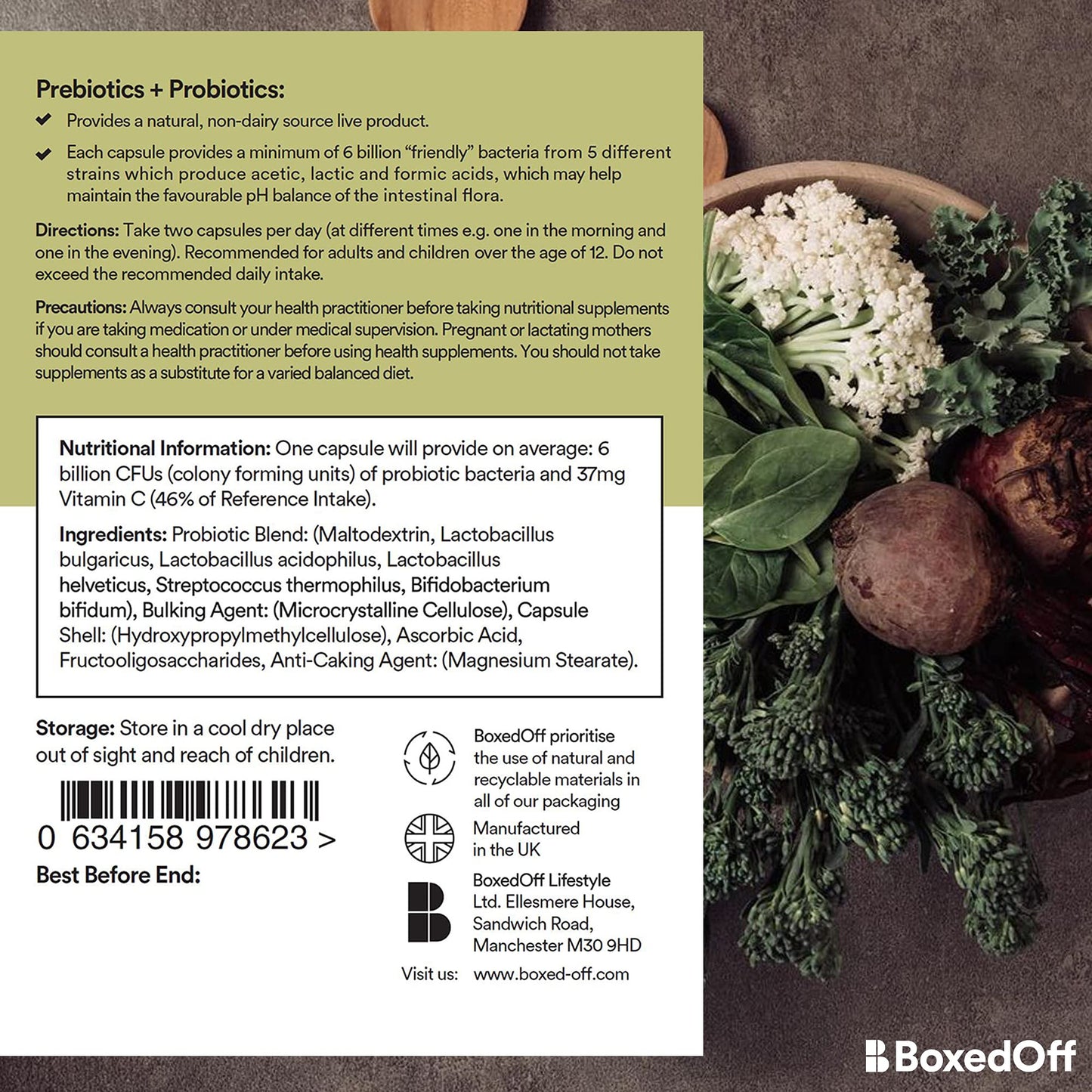 Bio Cultures Premium Prebiotics + Probiotics Complex ā 60 Vegan Capsules, Non Dairy, 12 Billion CFU Multi Strain High Strength Probiotics for Men & Women - Boxed Off Supplements