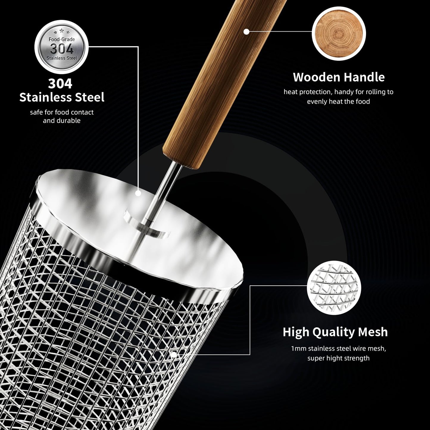 - Nesting Grill Baskets (2PCS) | Removable Wooden Handle | 304 Stainless Steel -