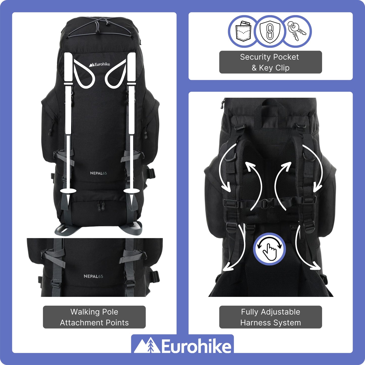 - Eurohike Nepal 65 Litre Rucksack | Ventilated Back Panel |  Padded Harness | 65L Backpack -