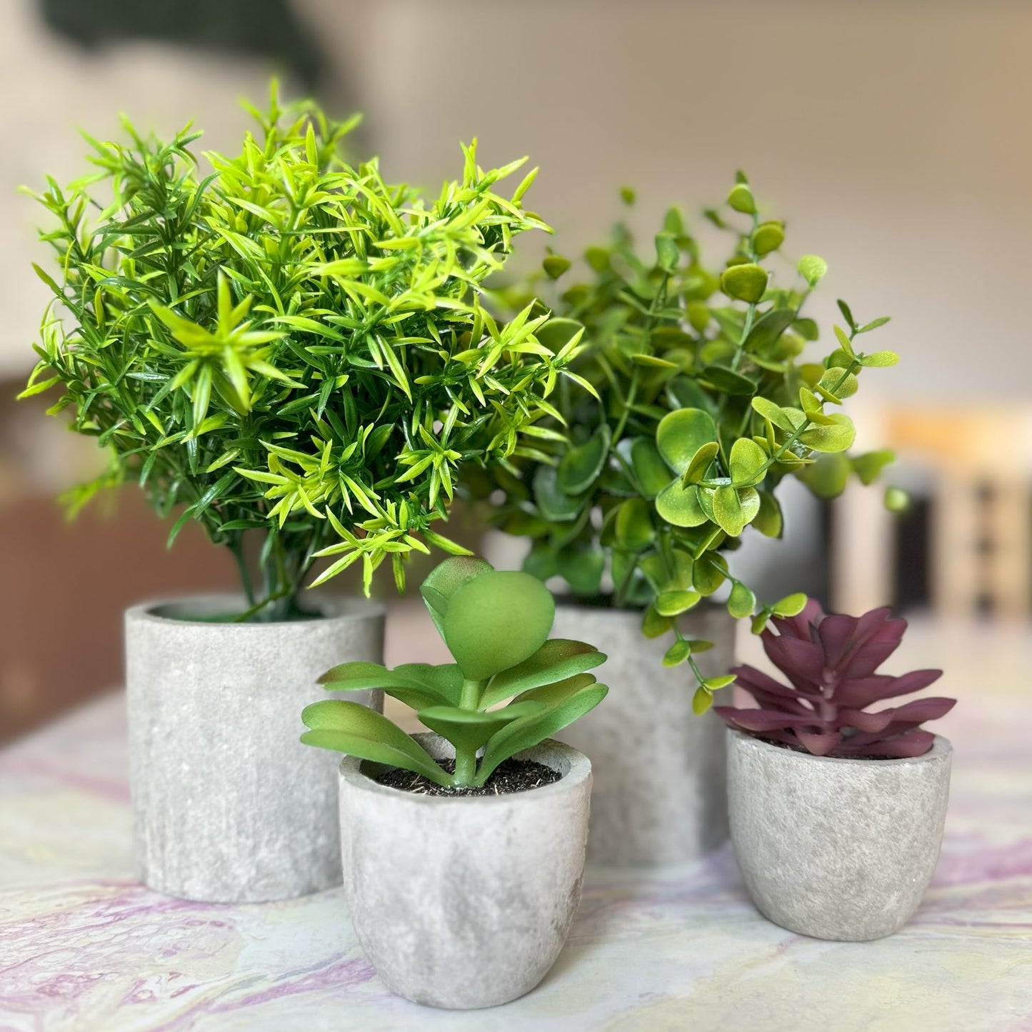 AlMuflihoon Set of 4 Artificial Plants Potted Fake Mini Faux Plant Foliage Eucalyptus Rosemary Succulents for Room Decor Home Kitchen Garden Office Indoor and Outdoor Decoration