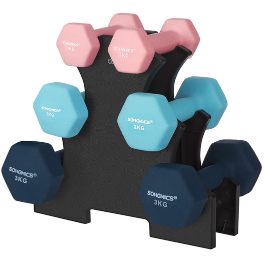 - SONGMICS Hex Dumbbells Set with Stand | 2 x 1 kg, 2 x 2 kg, 2 x 3 kg, | Hand Weights for Home Exercise, Pink, Aqua, and Blue SYL612MK -