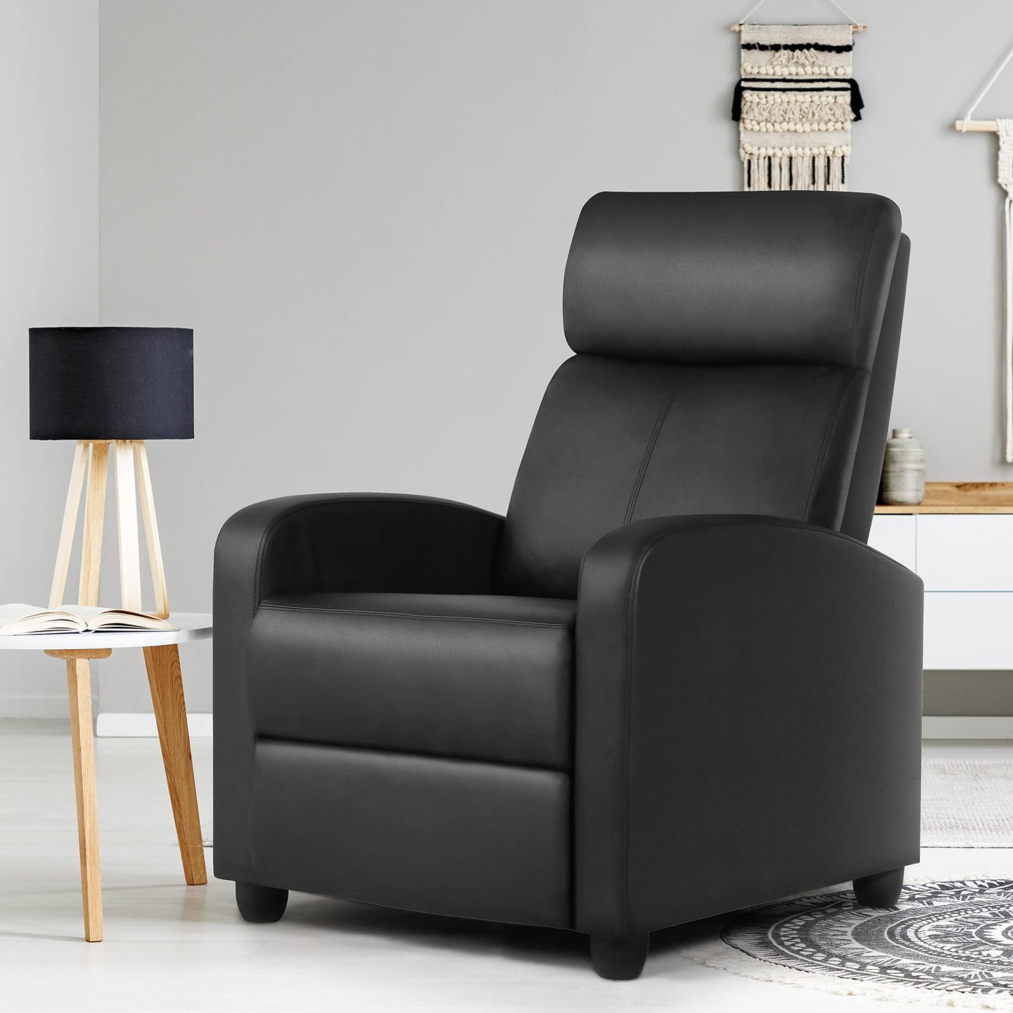 - Yaheetech Recliner Armchair Single Padded Seat, PU Black Leather Recliner For Lounge.
