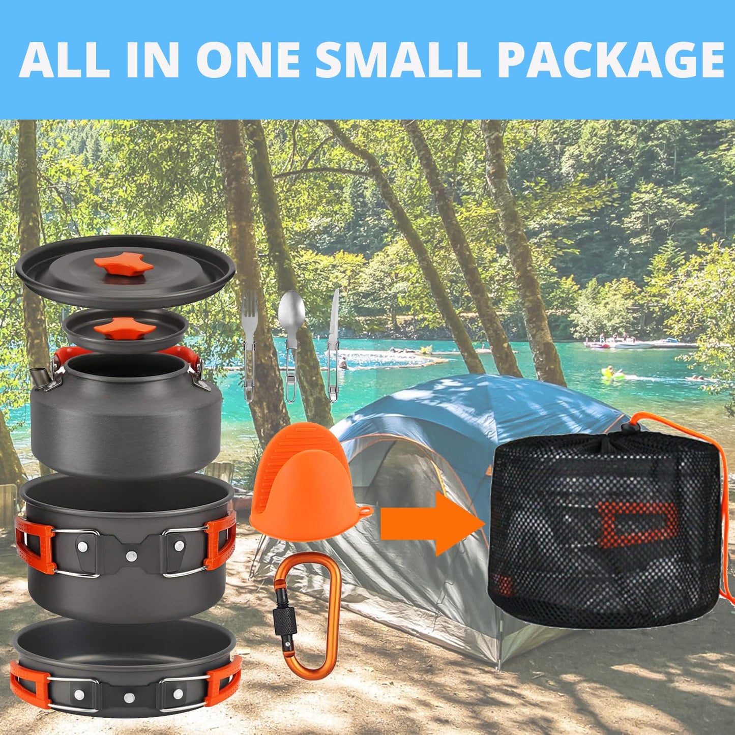 Camping Cooking Set WODSTA camping equipment for 1-3 People Aluminium Camping Cookware 9 PCS Camping Accessories Cooking Include 1.5L Pot, 0.8L Kettle and Pan etc |Easy to Clean||Easy to Pack Away|