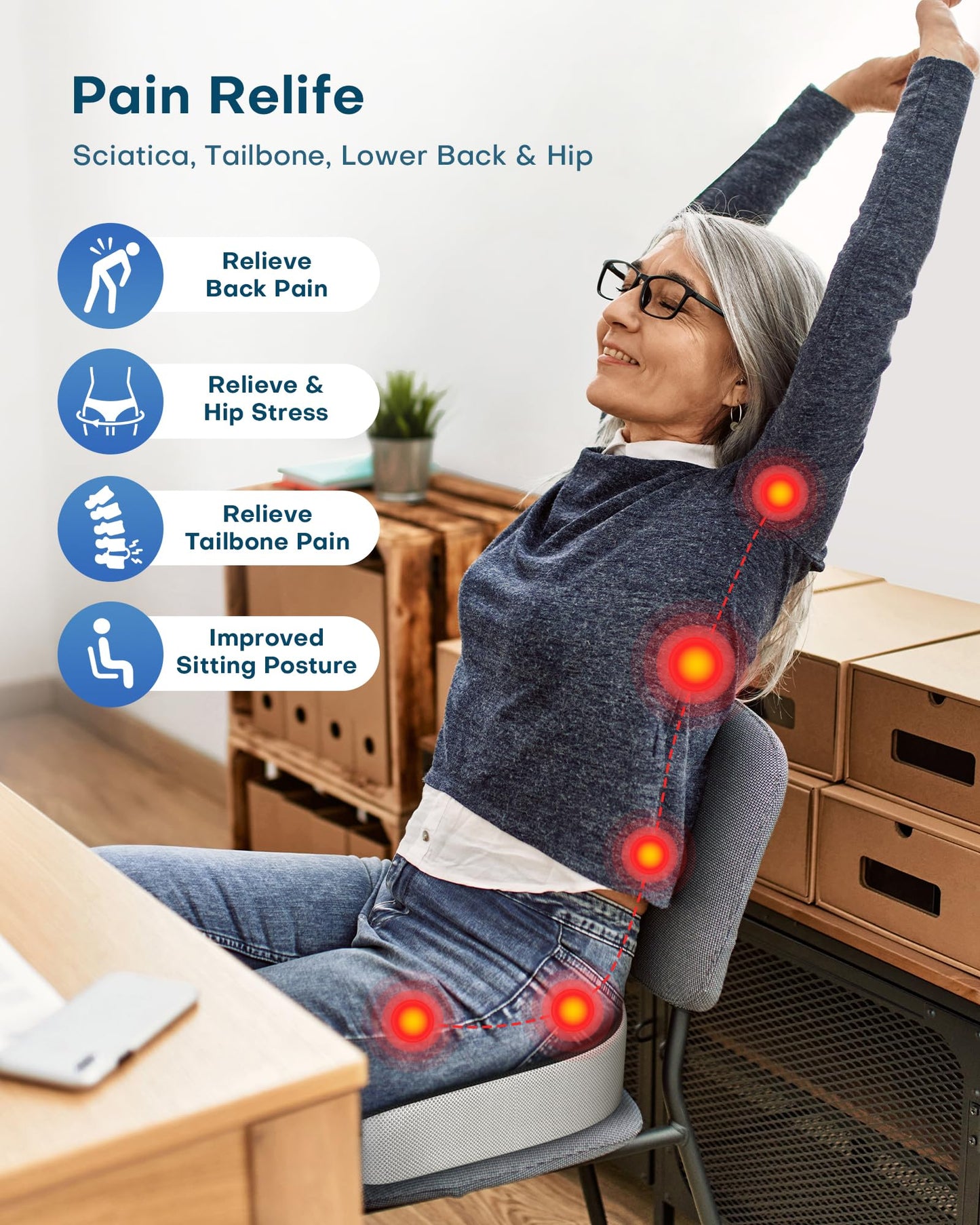 - Feagar Seat Cushion for Coccyx Sciatica Hemorrhoid Tailbone Back Pain Relief -