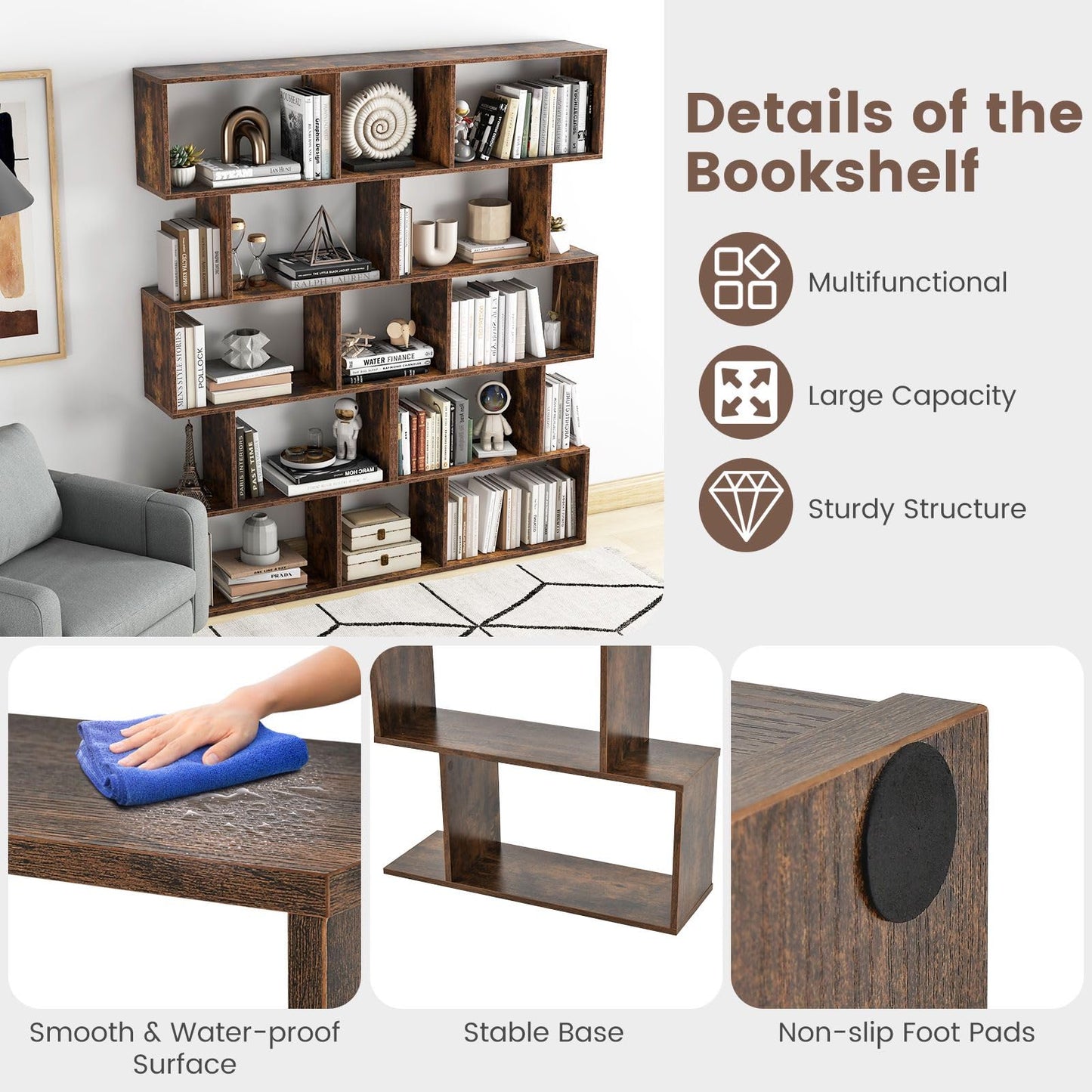 CASART 5/6 Tier Wooden Bookcase, Free Standing Shelving Stand Rack, S-Shaped Bookshelf Storage Display Unit