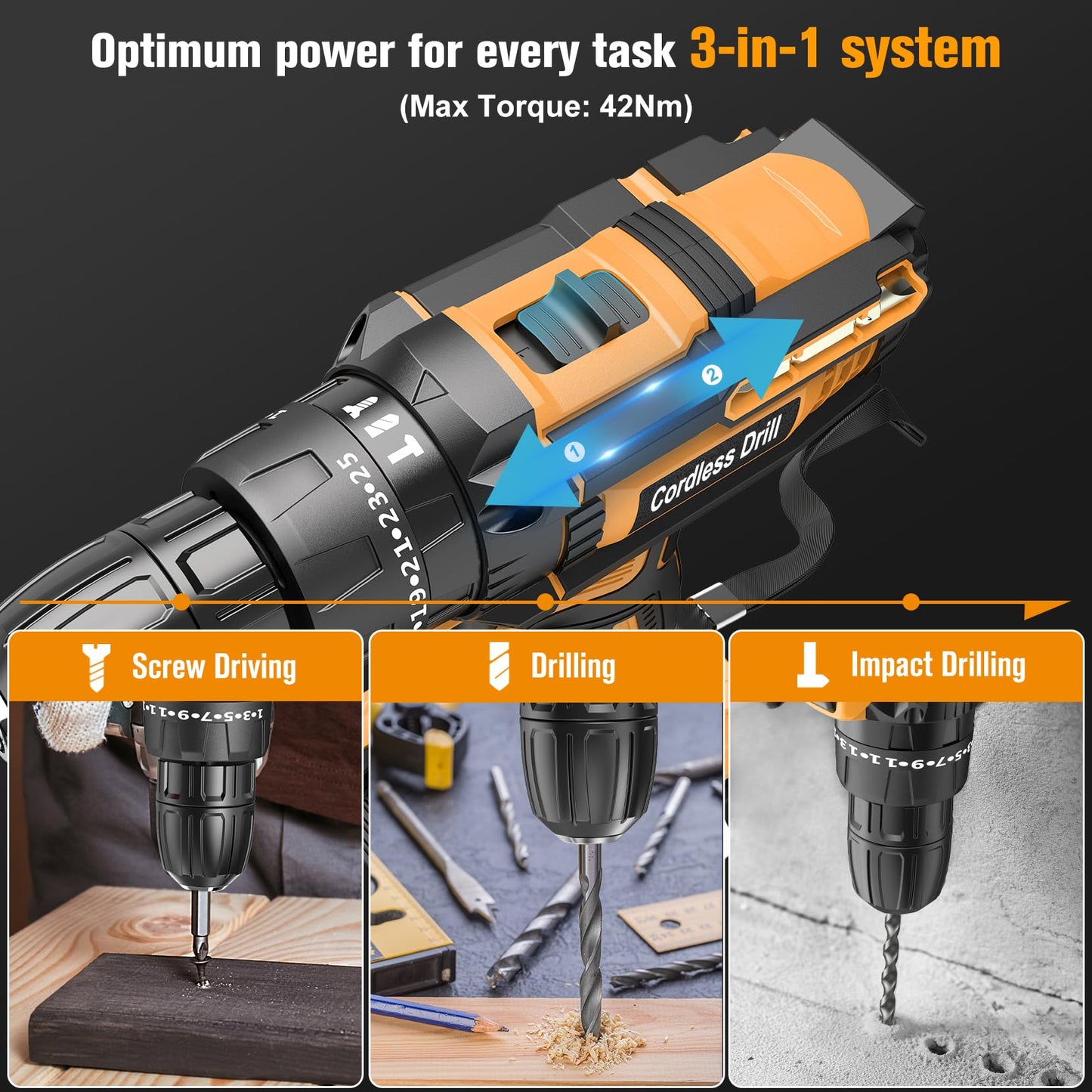 Cordless Drill Driver 21V, Cordless Hammer Drill with 2 Batteries 2000mAh, 25+3 Torque, 42N.m Max Electric Drill, 30PCS Drill Bits, 2 Speed, LED Light for Home and Garden DIY Project