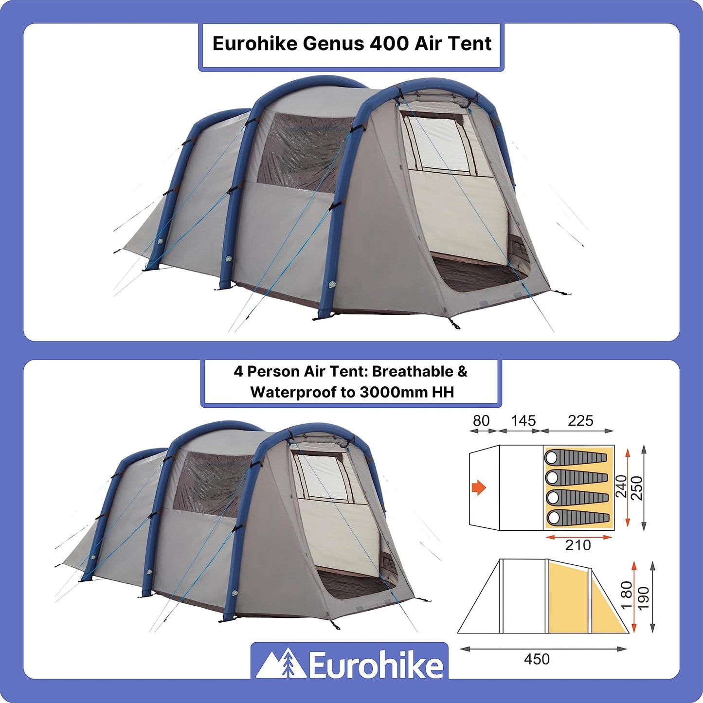 - Eurohike Genus 400 Inflatable 4 Person Air Tent | Separate Bedroom | Living Area | Porch -