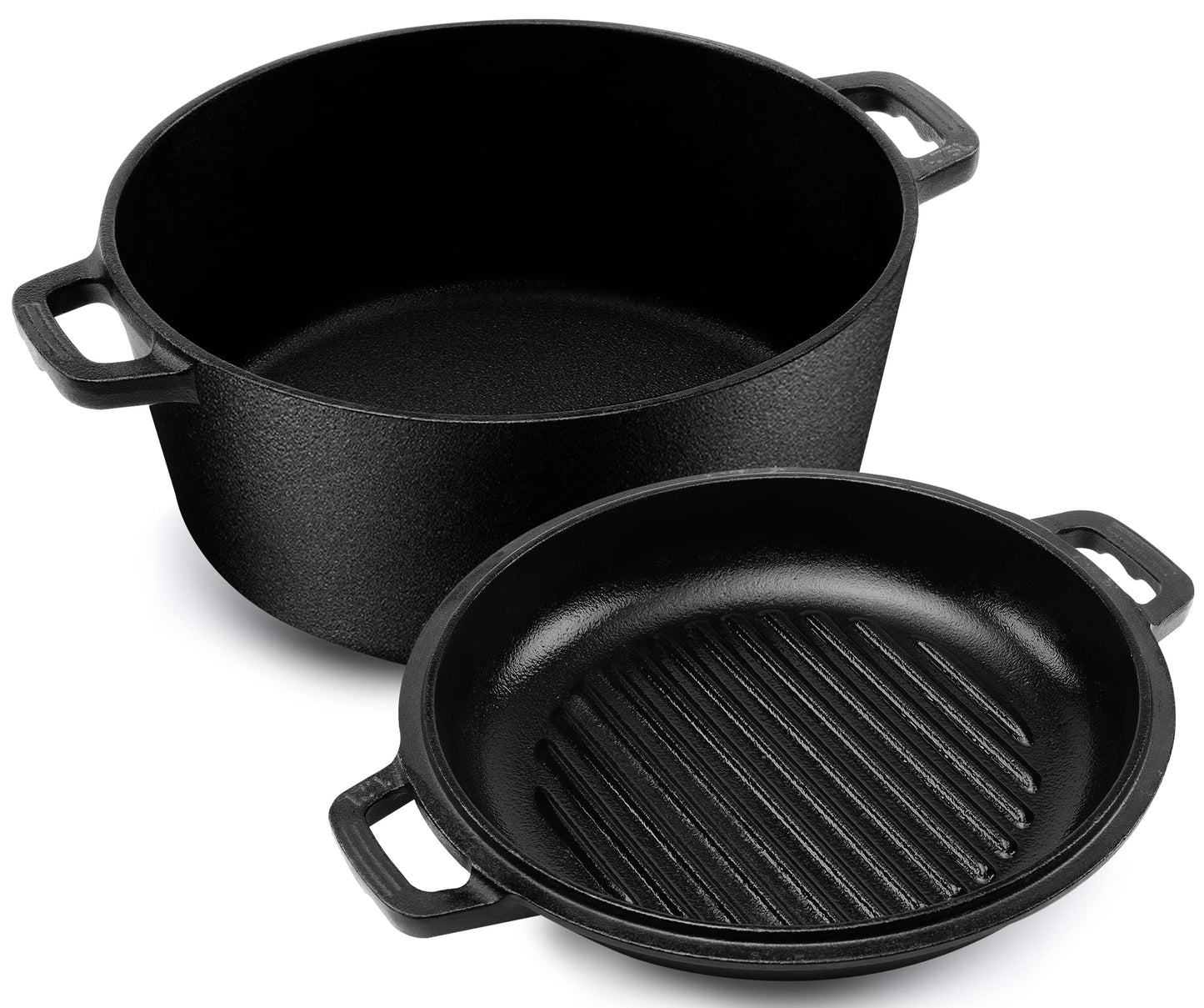 - KICHLY 4.7L/5.0 Quart Pre Seasoned Cast Iron Pan | Dutch Oven with Lid | Dual Function Cast Iron Griddle Pan -