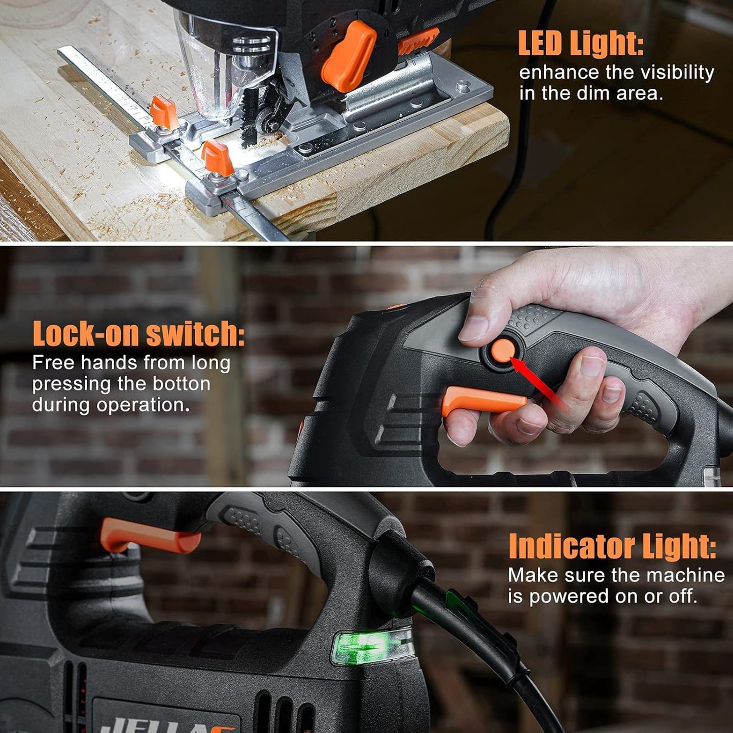 - Jig Saw | Jellas 800W 3000 SPM Electric Jigsaw tool with 10 Piece T-Shank Blades | LED Light, 6 Variable Speed | 4 Orbital Sets | 0°-45° Bevel Cutting -