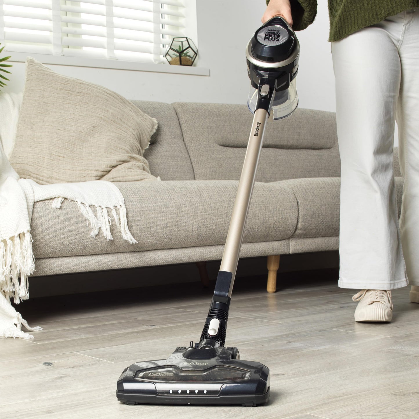 Beldray BEL01195-150 Airgility+ Cordless Stick Vacuum – Upright Vacuum Cleaner, 22.2V Rechargeable Battery, Handheld Car Vac, Motorised LED Floor Brush, 1.2 L Dust Tank, Includes Pet Tool, Platinum