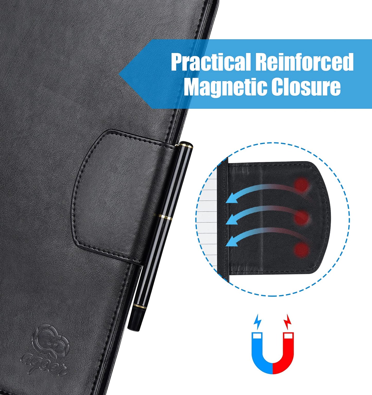 Clipboard Folder DIN A4, Leather Document Case Clip Board with Magnetic Closure Cover, for Work Writing Conference Folder Legal Pad with A4 Paper &Sticky Arrow Tabs &Pen, Black