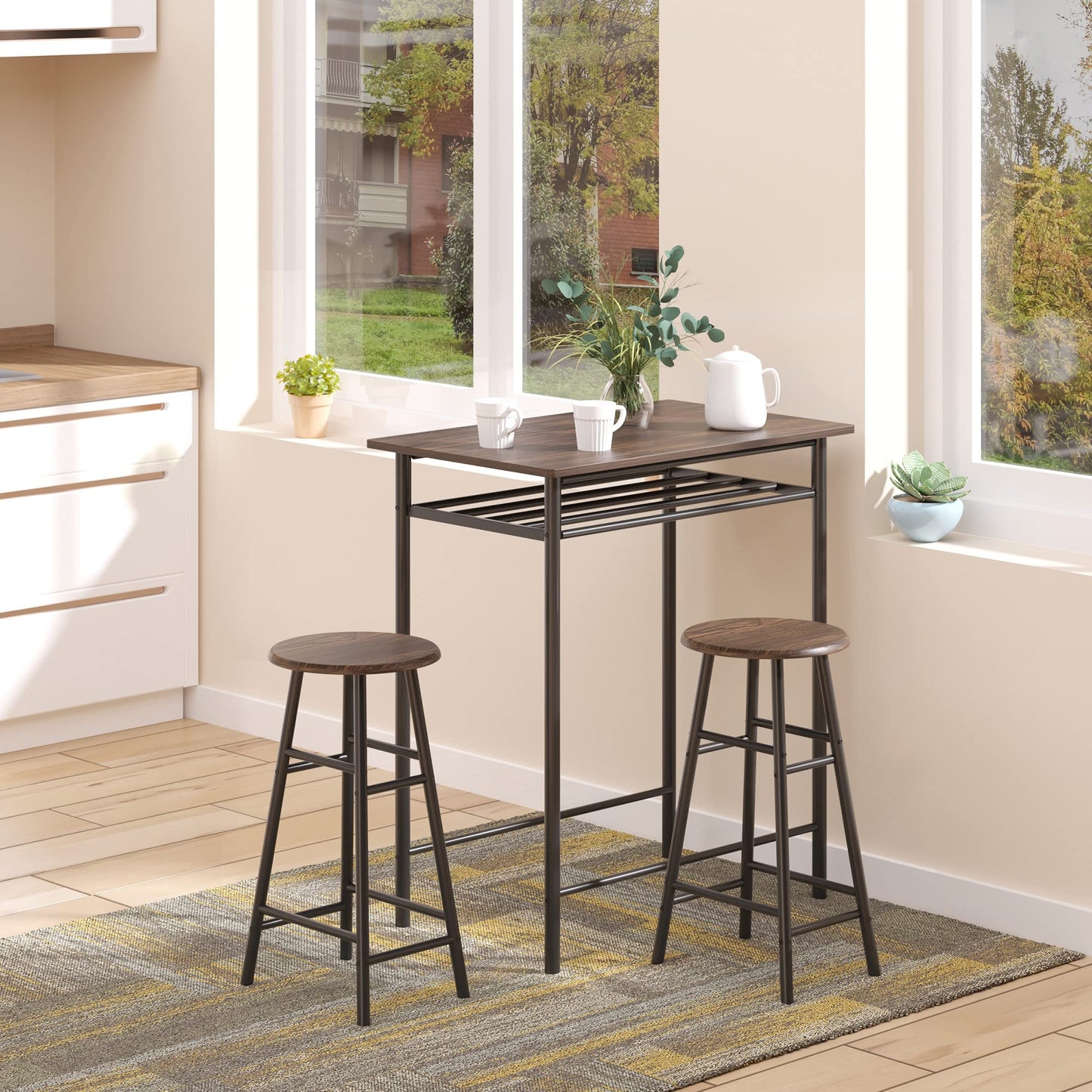 - HOMCOM Bar Table Set | Bar Table and Stools Set | Footrest and Storage Shelf -