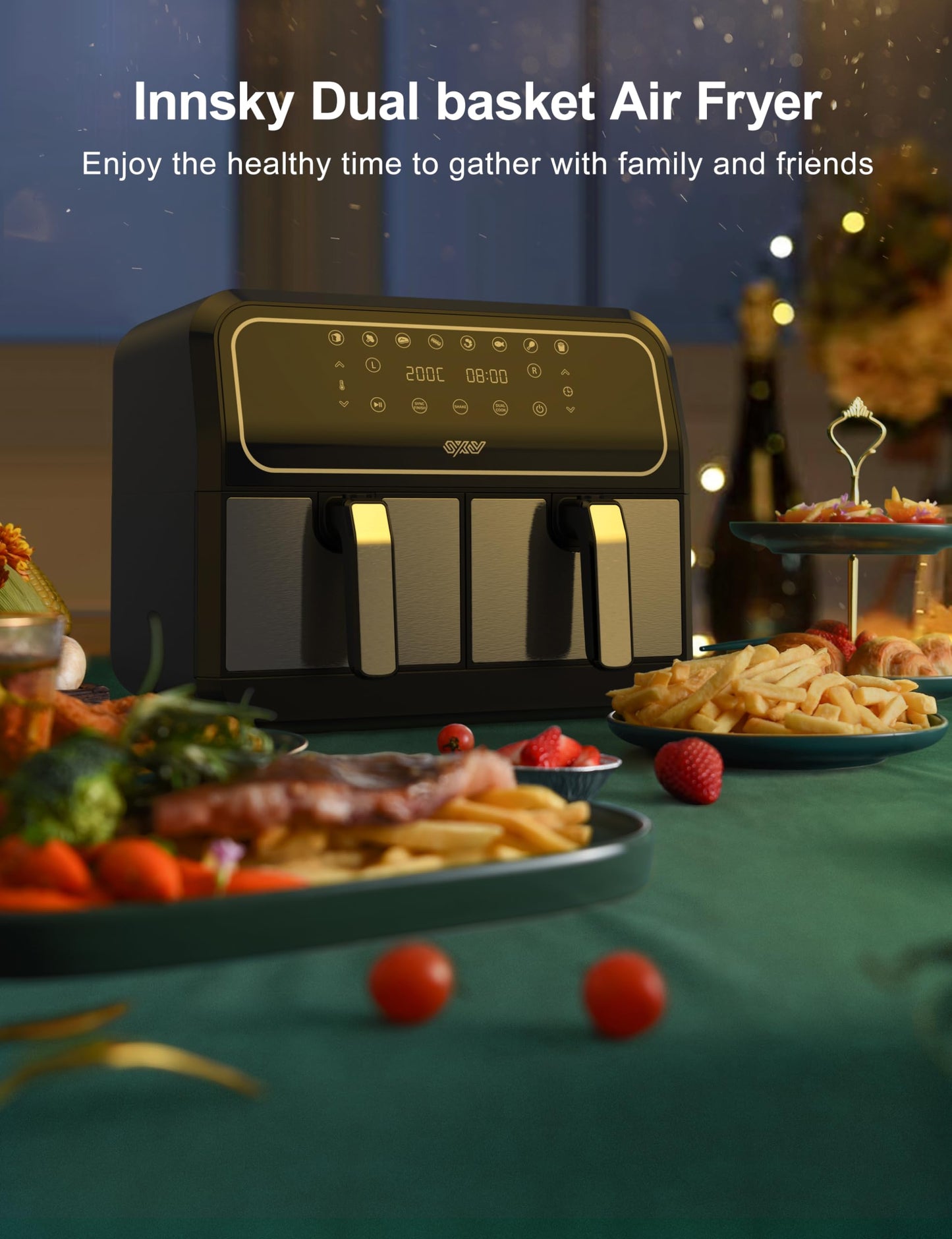 - Innsky Dual Zone Hot Air Fryer Double Chamber 8L | 8 Programmes Hot Air Fryer | Double Air Fryer | 2 Baskets -