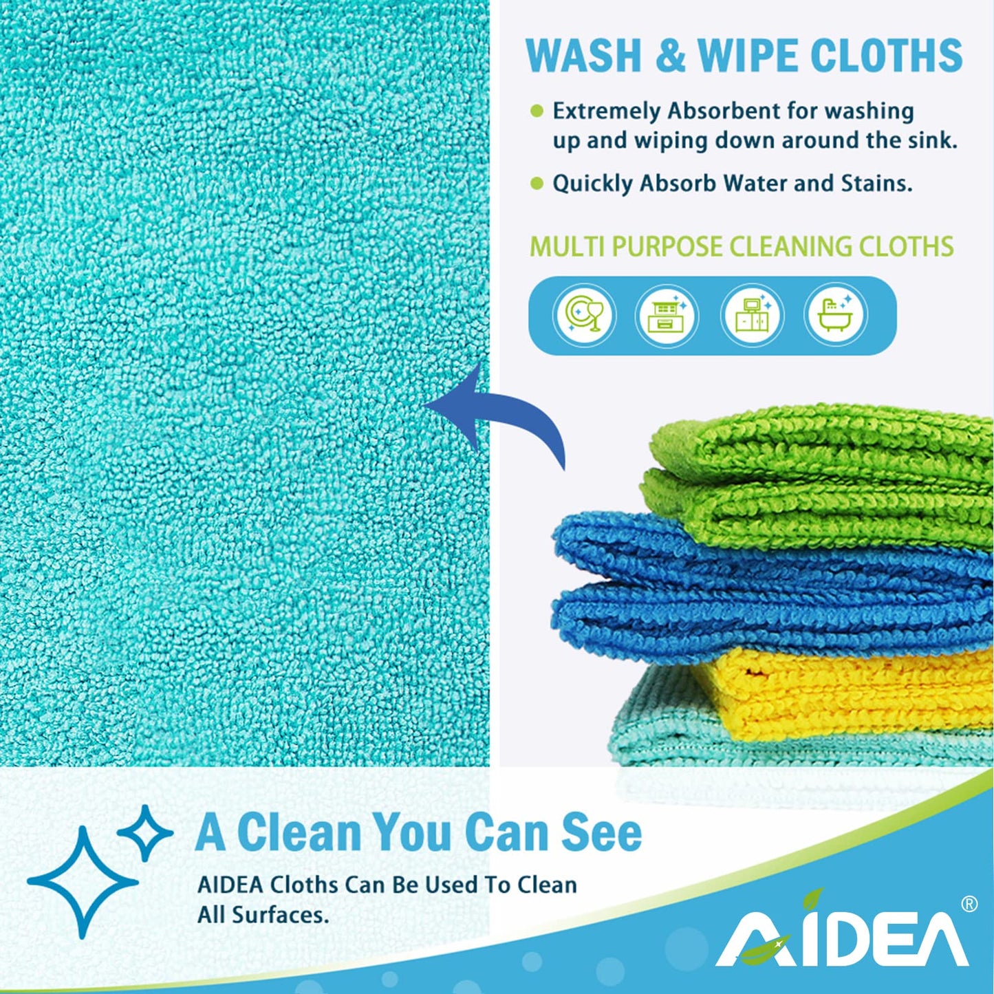 AIDEA Microfibre Cloth Pack of 8, Multifunctional Reusable Cleaning Cloths, Lint Free Streak Free Washable Cloth Duster for House, Kitchen, Car, Motorbike, Windows 30 x 30 cm