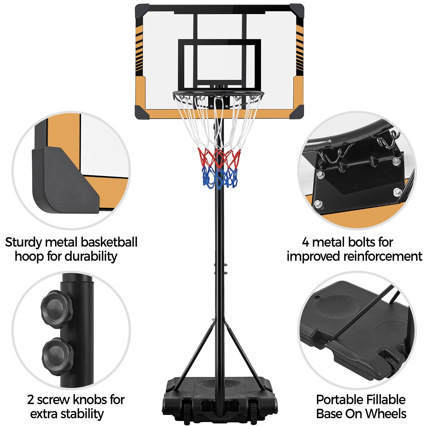 - Yaheetech Height Adjustable Basketball Hoop 7.4ft-8.4ft Portable Basketball Net & Stand.