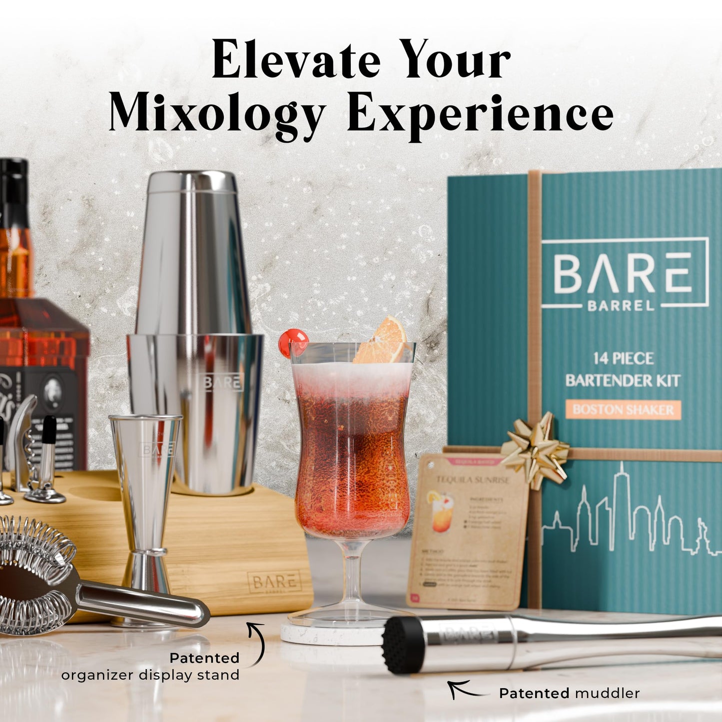 BARE BARREL® Cocktail Making Kit | 14-Piece Bartender Kit Cocktail Shaker Set Maker | Bamboo Display Stand & 35 Recipe Cards | Mixology Cocktail Gift Set (800ml/28oz Boston Shaker, Silver)