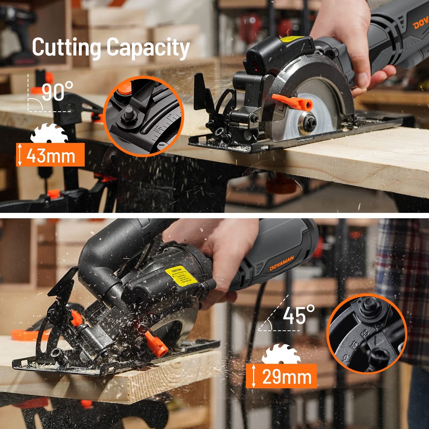 - DOVAMAN Circular Saw | 710W Mini Circular Saw with Laser | 3500rpm | Metal Auxiliary Handle | Cutting Depth 43mm (90°) | 29mm (45°) | 6 Saw Blades -