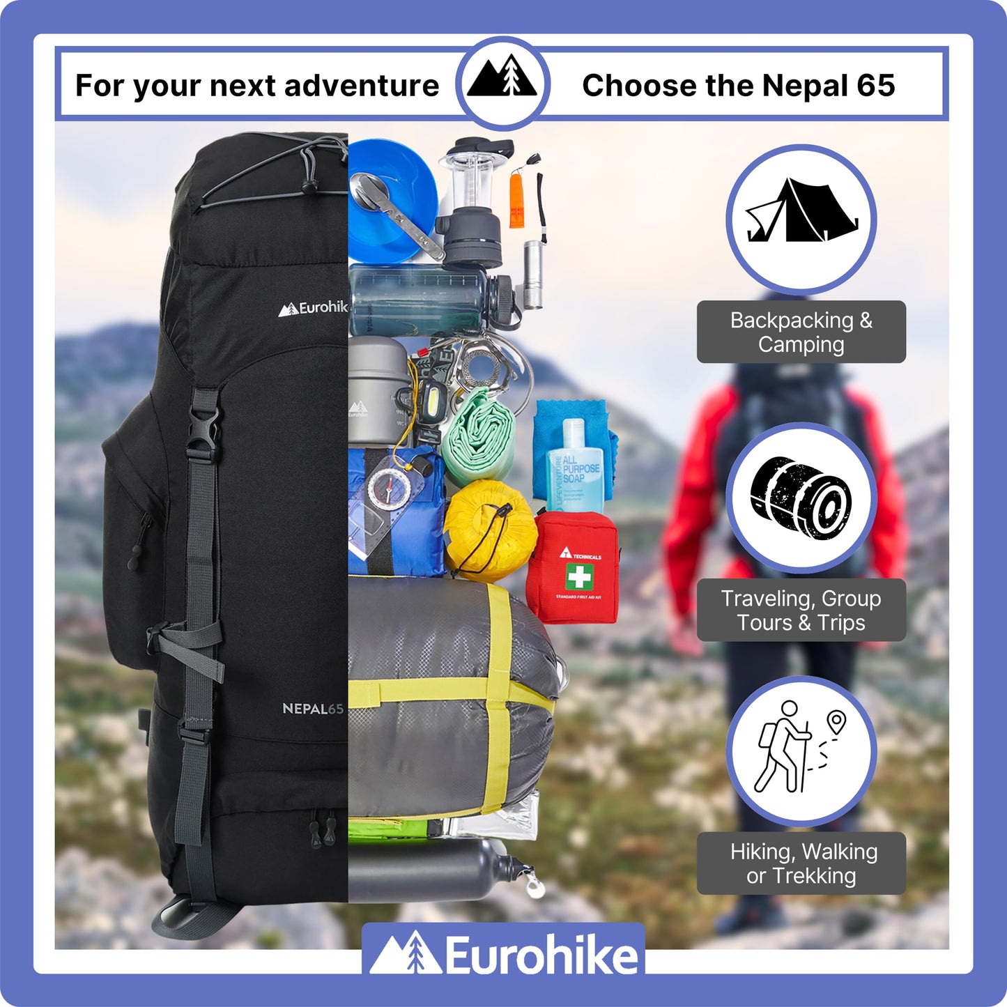- Eurohike Nepal 65 Litre Rucksack | Ventilated Back Panel |  Padded Harness | 65L Backpack -
