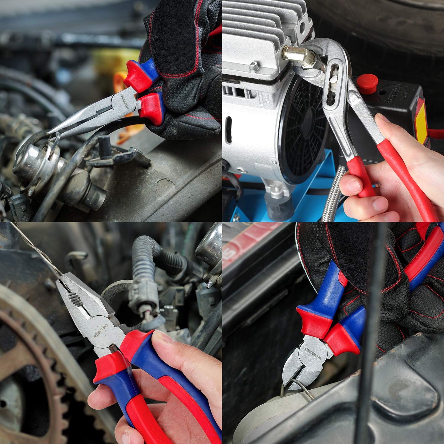 - WORKPRO 4-Piece Pliers Set, 245mm Water Pump Plier, 160mm Long Nose Plier, 160mm Combination Plier, 160mm Side Cutter, Bi-Material Soft Handle