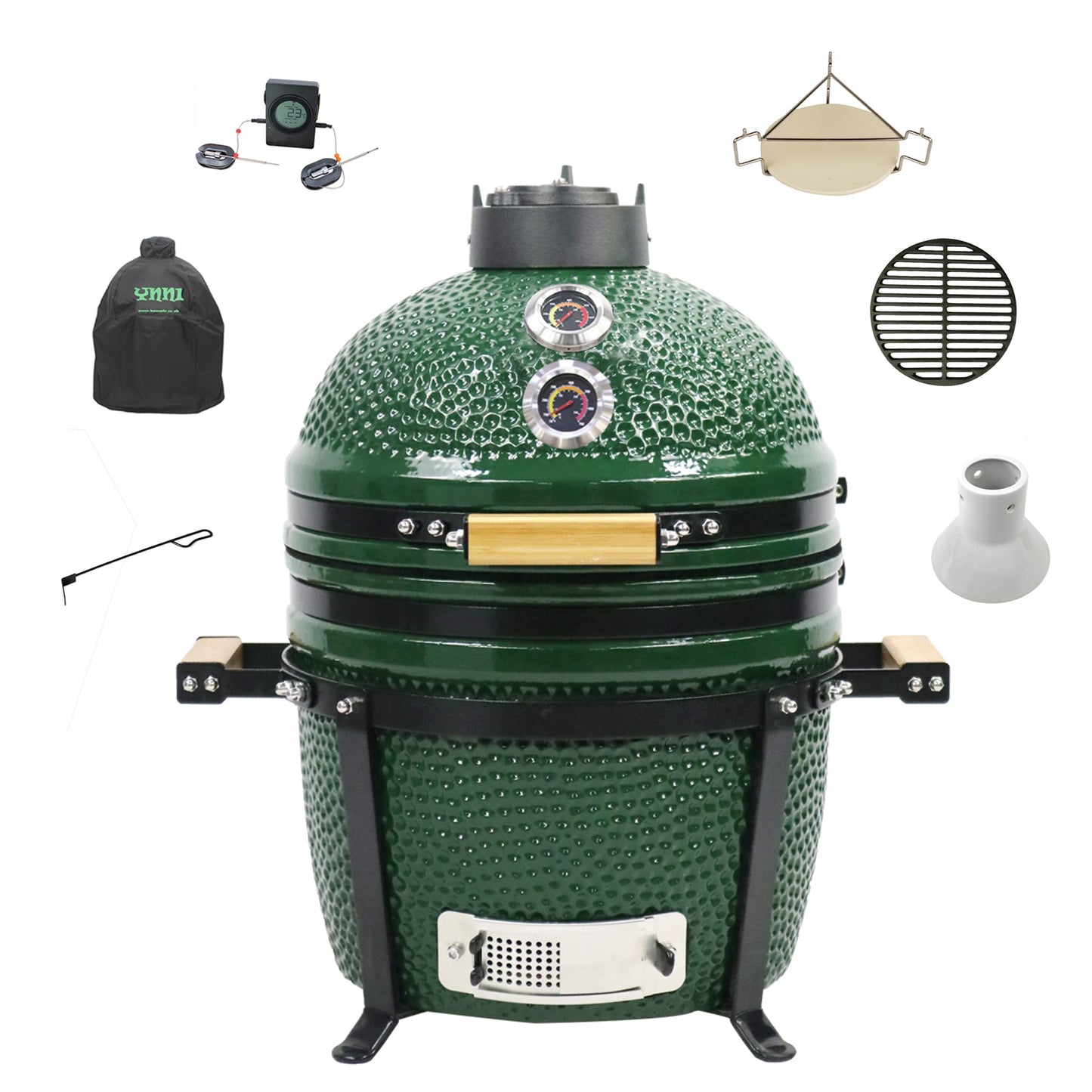 - YNNI KAMADO TQTT15GR 15.7" Free Standing Kamado Bundle Grill, GREEN, BBQ, Ceramic, Egg, Smoker, Bundle with Extras