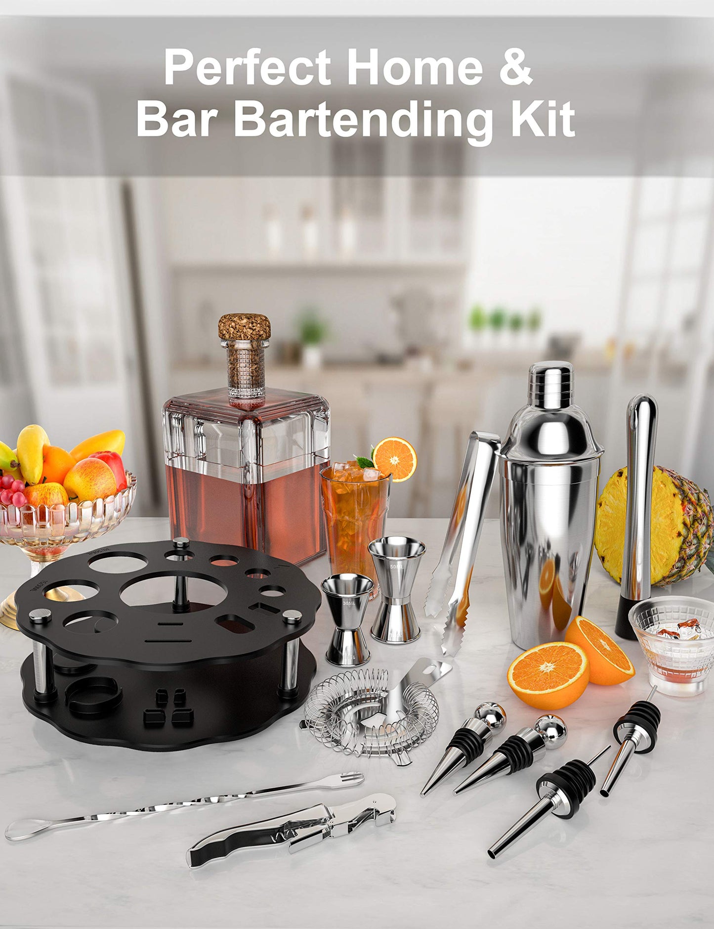 Bokhot 750ml Bartender Kit, 14PCS Cocktail Making Set Stainless Steel Cocktail Shaker Set with Rotating Stand,Shaker Tins, Jigger, Spoon, Pourers, Strainer,Tongs,Bottle Stoppers,Opener, Recipes(Black)