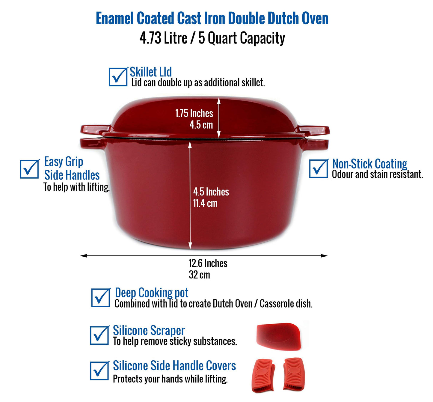 - Pinnacle Cookware  | 4.73 Litre / 5 Quart Enameled Red Cast Iron Double Dutch Oven -