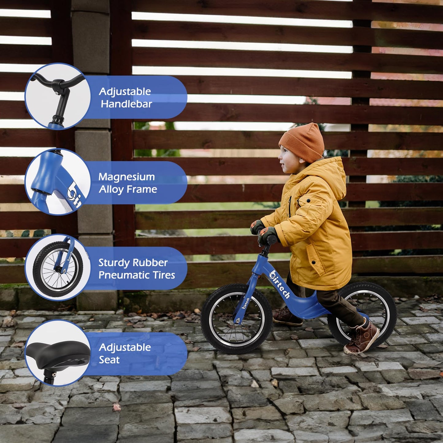 14" Balance Bike for Boys and Girls, Air Tires with Magnesium Alloy Frame, Lightweight No Pedal Kids' Bike for 3-6 Years Old, Training Bike with Adjustable Handlebar and Seat (Bule)