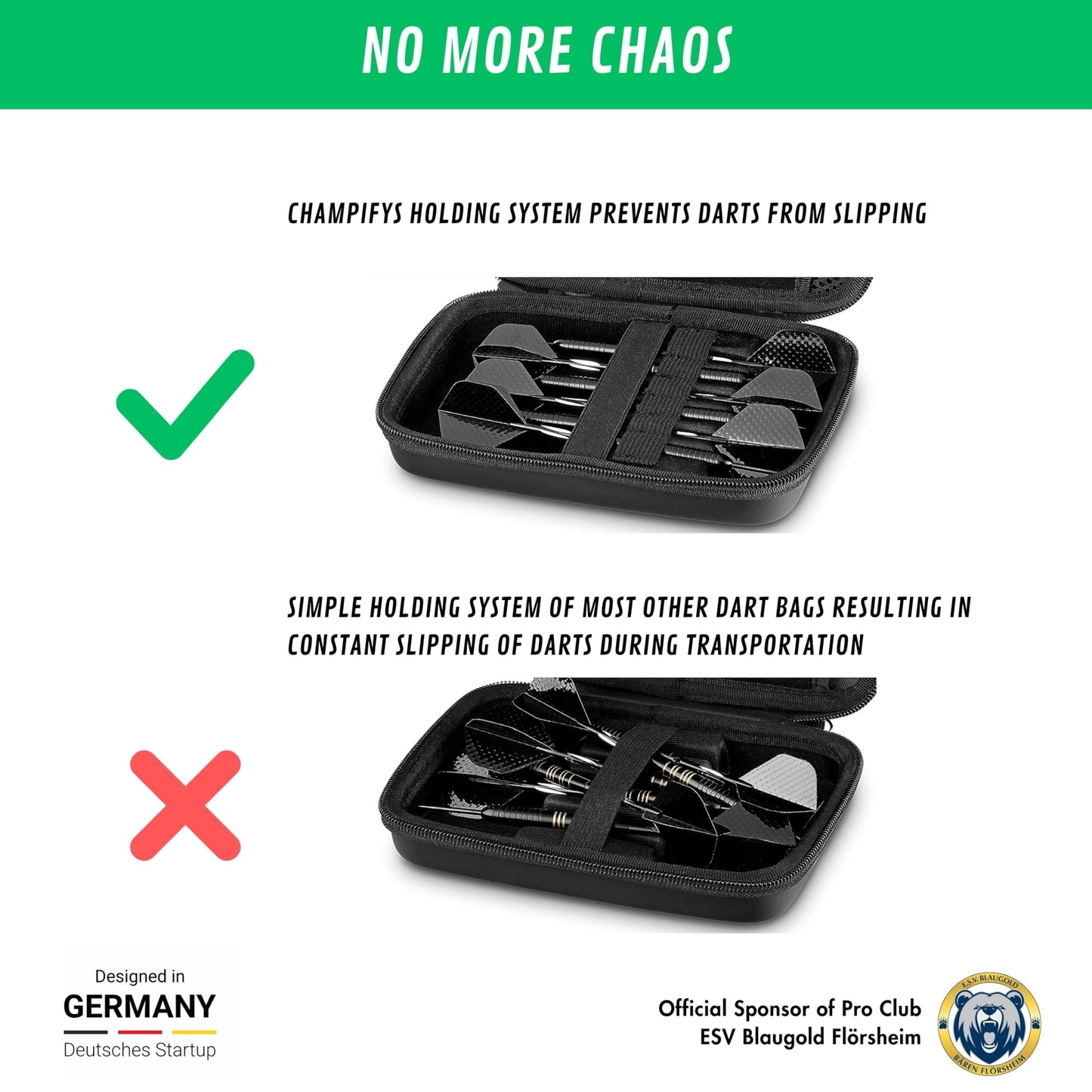 Champify® Black dart case with holder system to prevent the darts from slipping | Hard case for protection for 3 steel darts or soft darts & many pockets for dart flights & other accessories