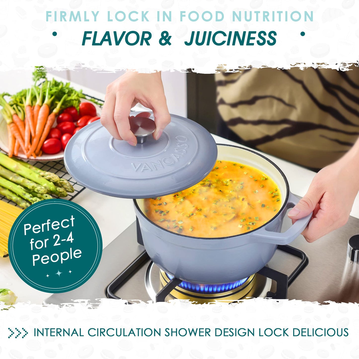 - Vancasso Dutch Oven, 2L Grey Cast Iron Pot with Stainless Steel Knob Lid, Naturally Non-Stick - 20cm -