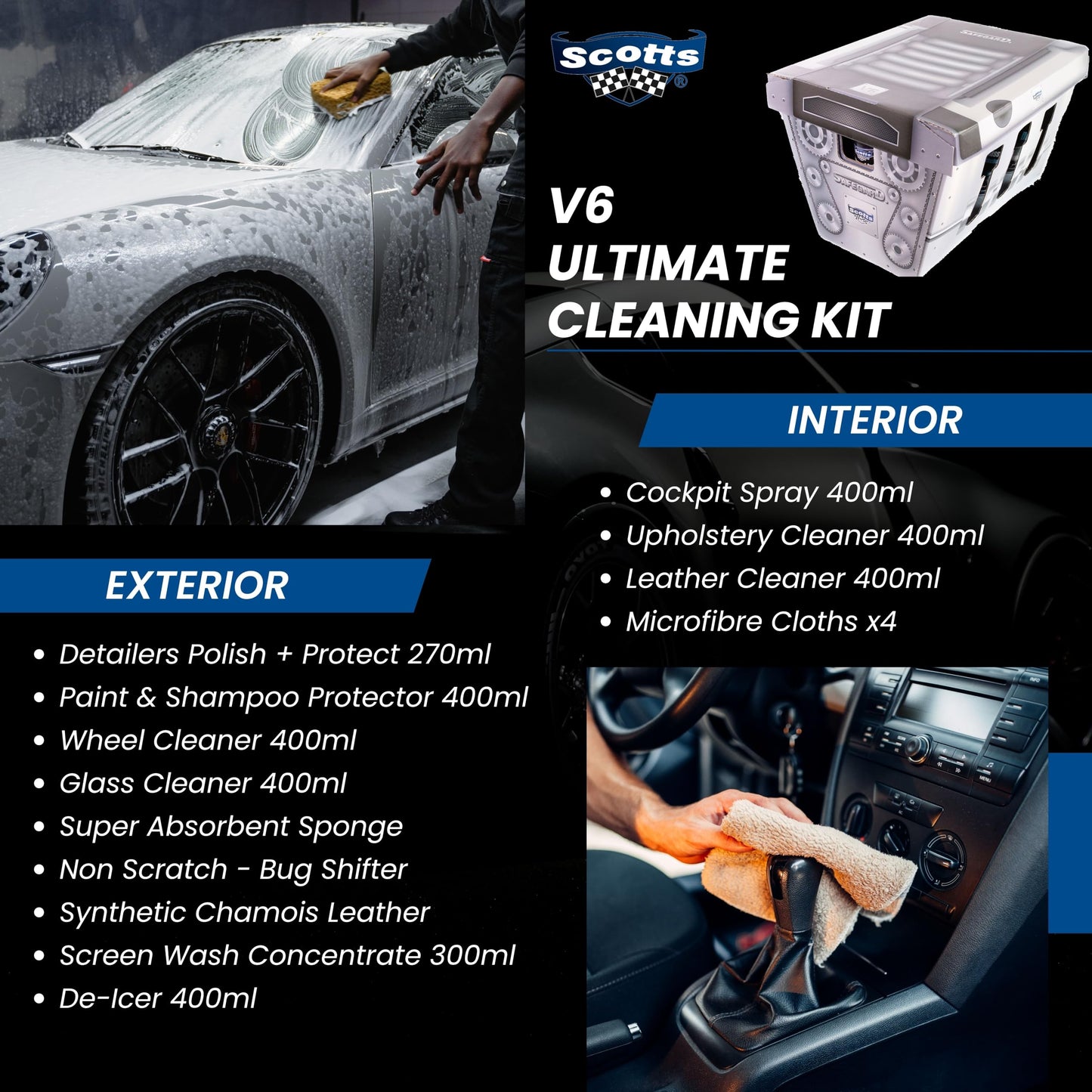- Scotts Ultimate V6 Car Cleaning Kit | 15-Piece Professional Valeting Set for Interior & Exterior | Perfect Car Wash Gift Pack -