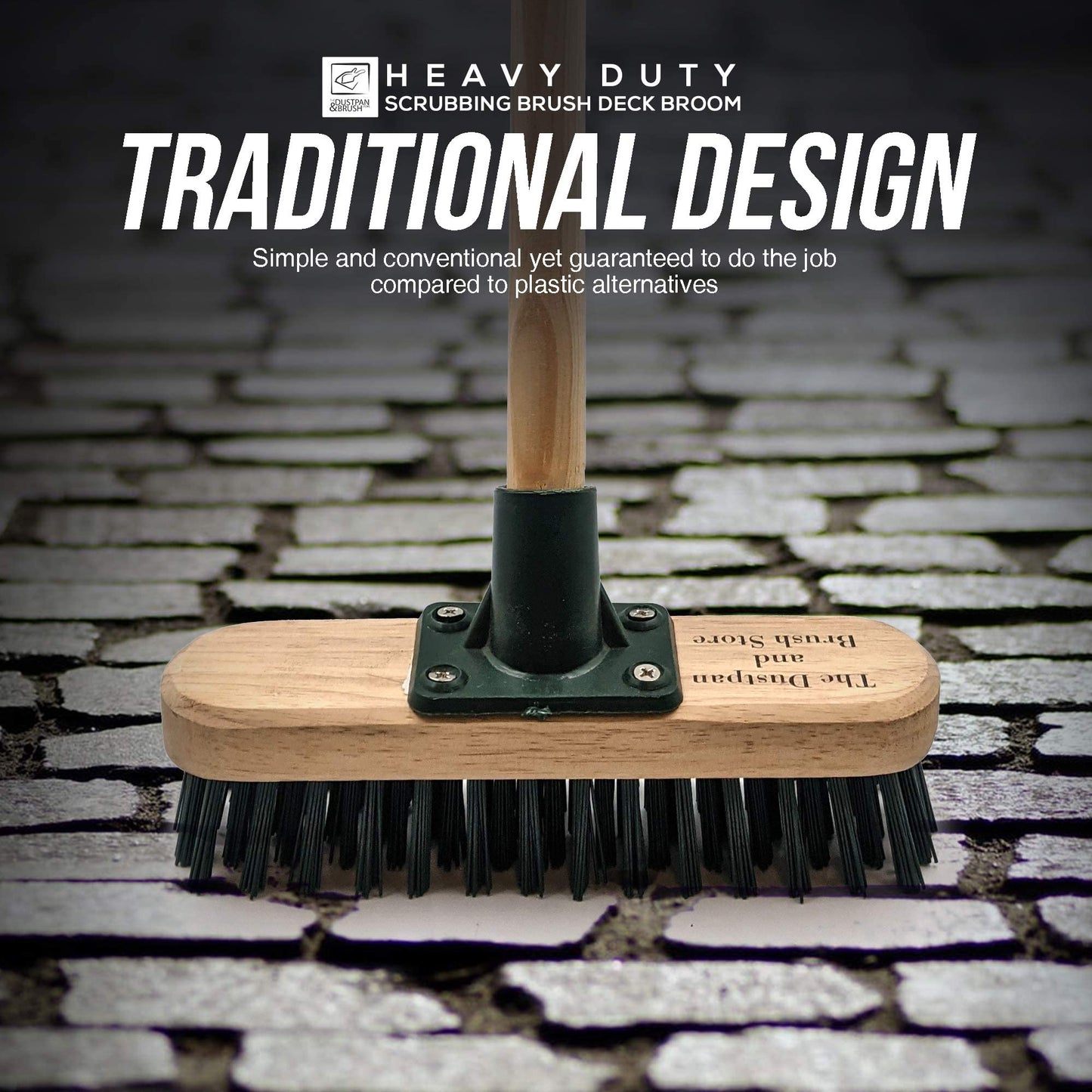 9" Stiff Heavy Duty Long Handled Scrubbing Brush Deck Broom with Wooden Handle PVC Bristles