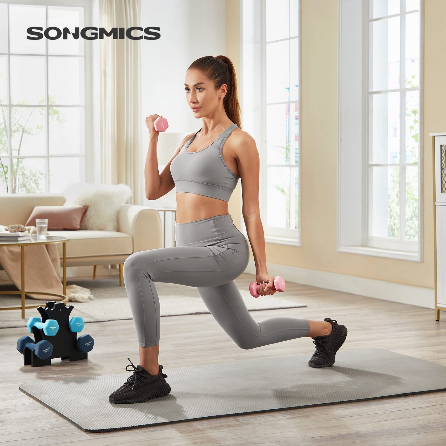 - SONGMICS Hex Dumbbells Set with Stand | 2 x 1 kg, 2 x 2 kg, 2 x 3 kg, | Hand Weights for Home Exercise, Pink, Aqua, and Blue SYL612MK -