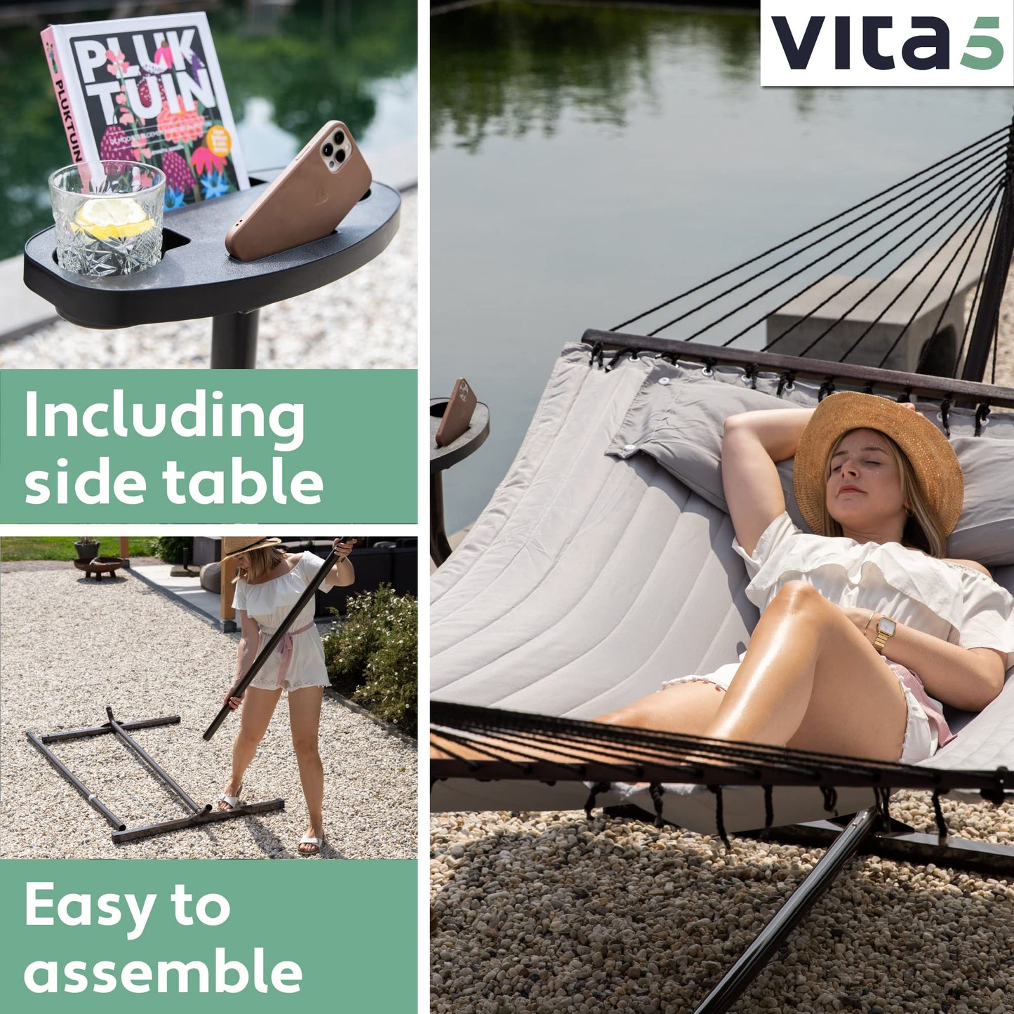 - Vita5 Hammock with Stand and Sidetable – 2 Person Garden Hammocks with Cup Holder -
