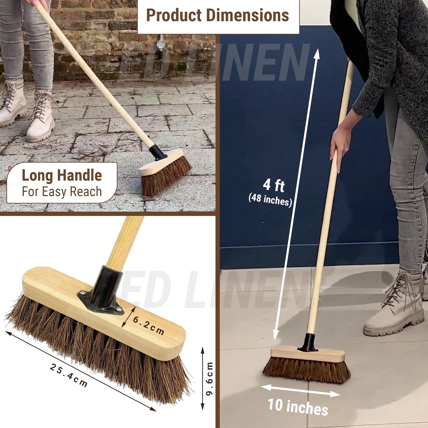 10” Outdoor Garden Broom with Wooden Handle Natural Stiff Bassine Hard Bristle Broom