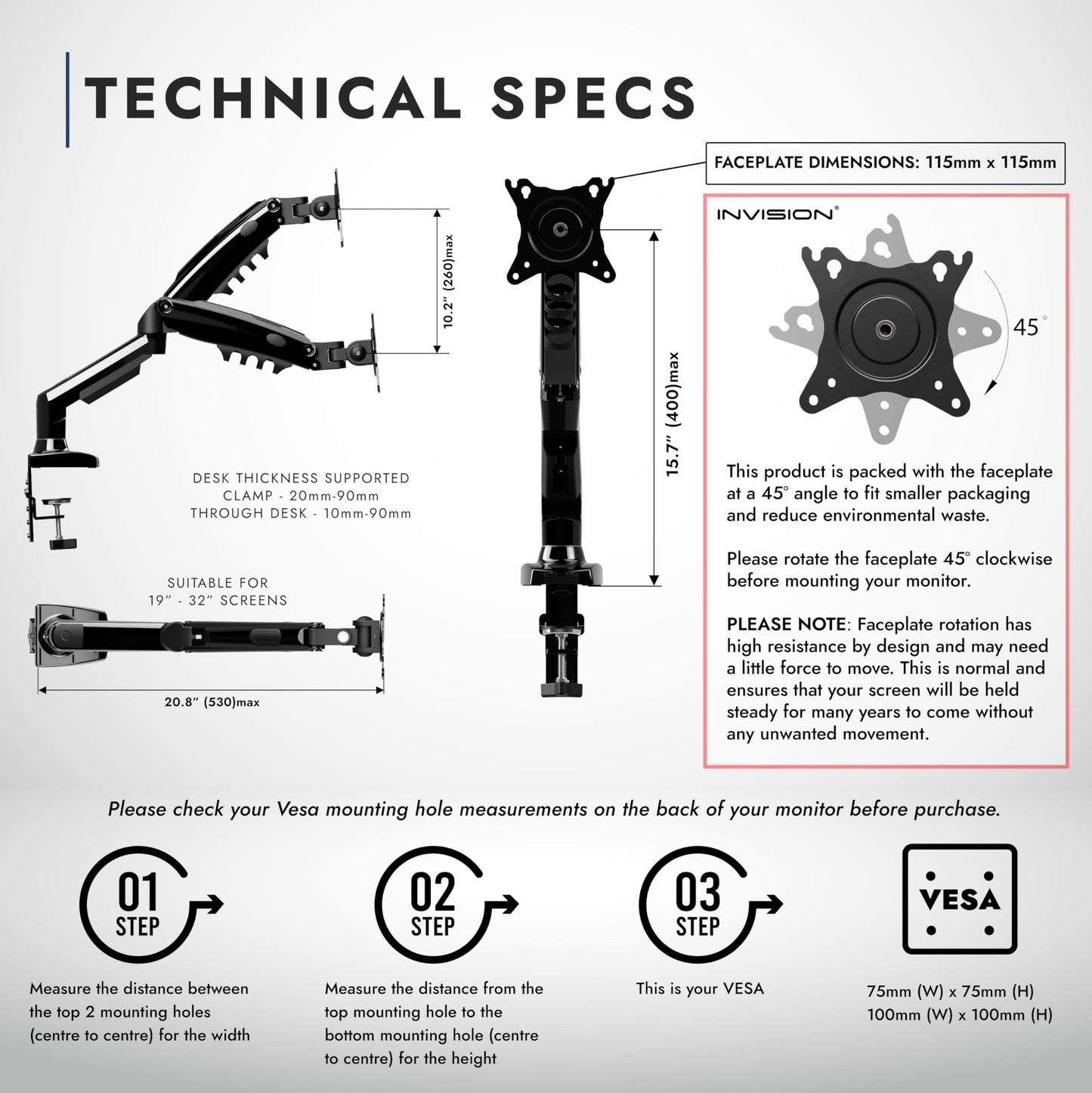 - Invision Single Monitor Arm Desk Mount for 19 to 32 Inch Screens | VESA 75 & 100mm Stand Clamp -